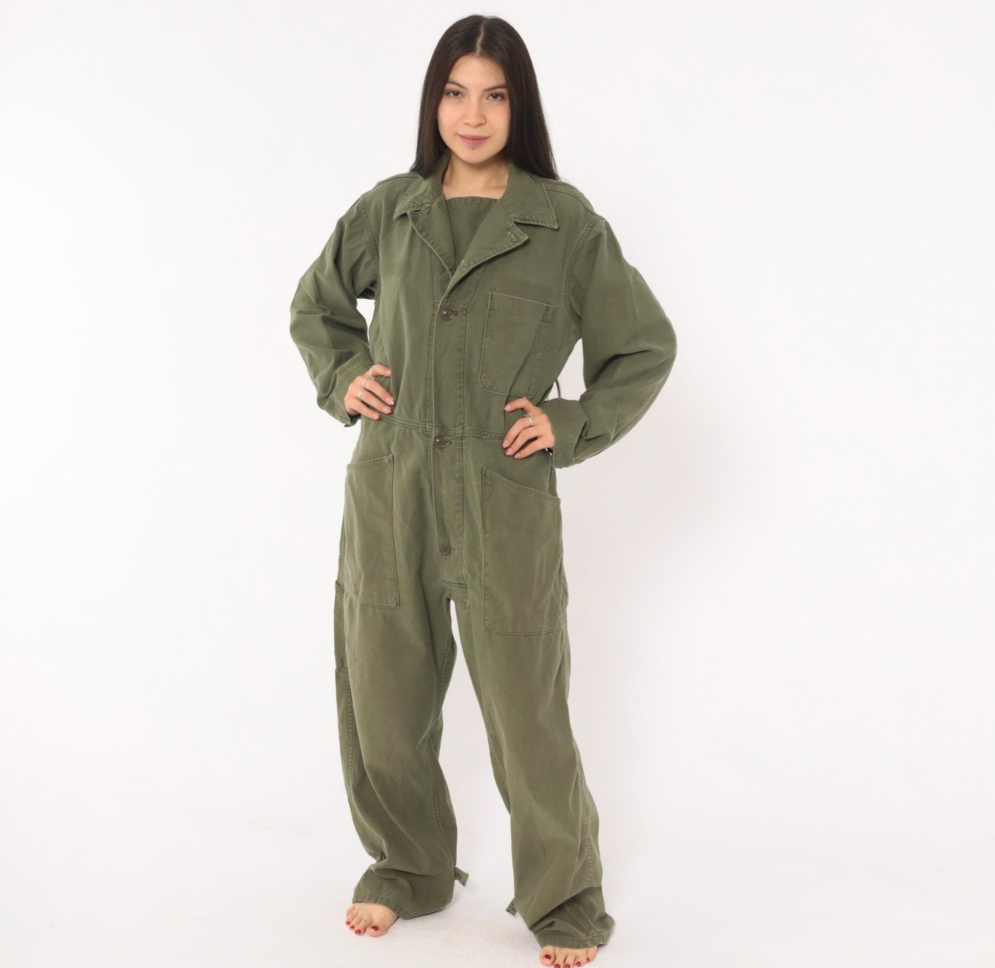 80s Army Olive Cotton Coveralls Button Front Jumpsuit Medium M
