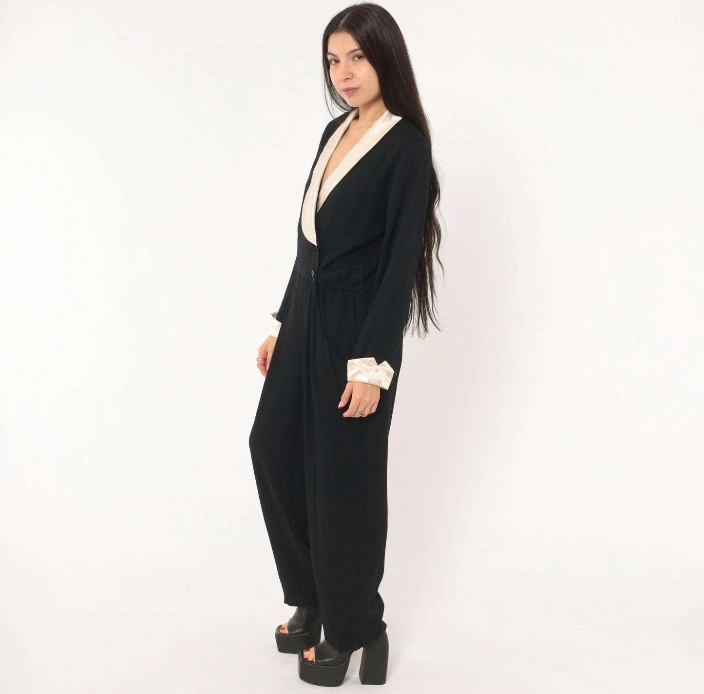 90s RJ & Co Black Jumpsuit Cream Satin Shawl Collar Wrap Front Medium M