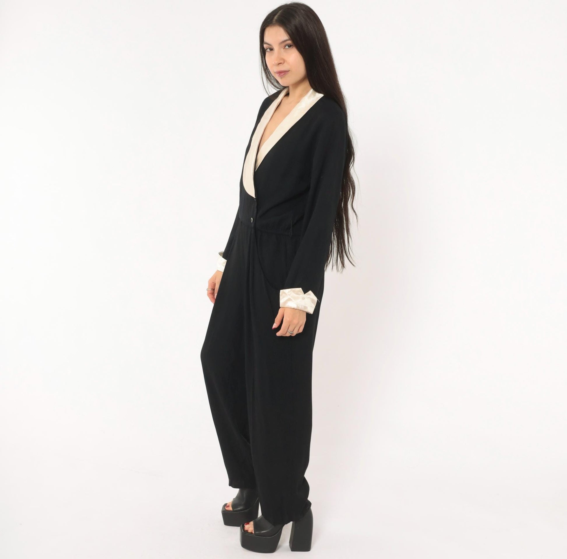 90s RJ & Co Black Jumpsuit Cream Satin Shawl Collar Wrap Front Medium M