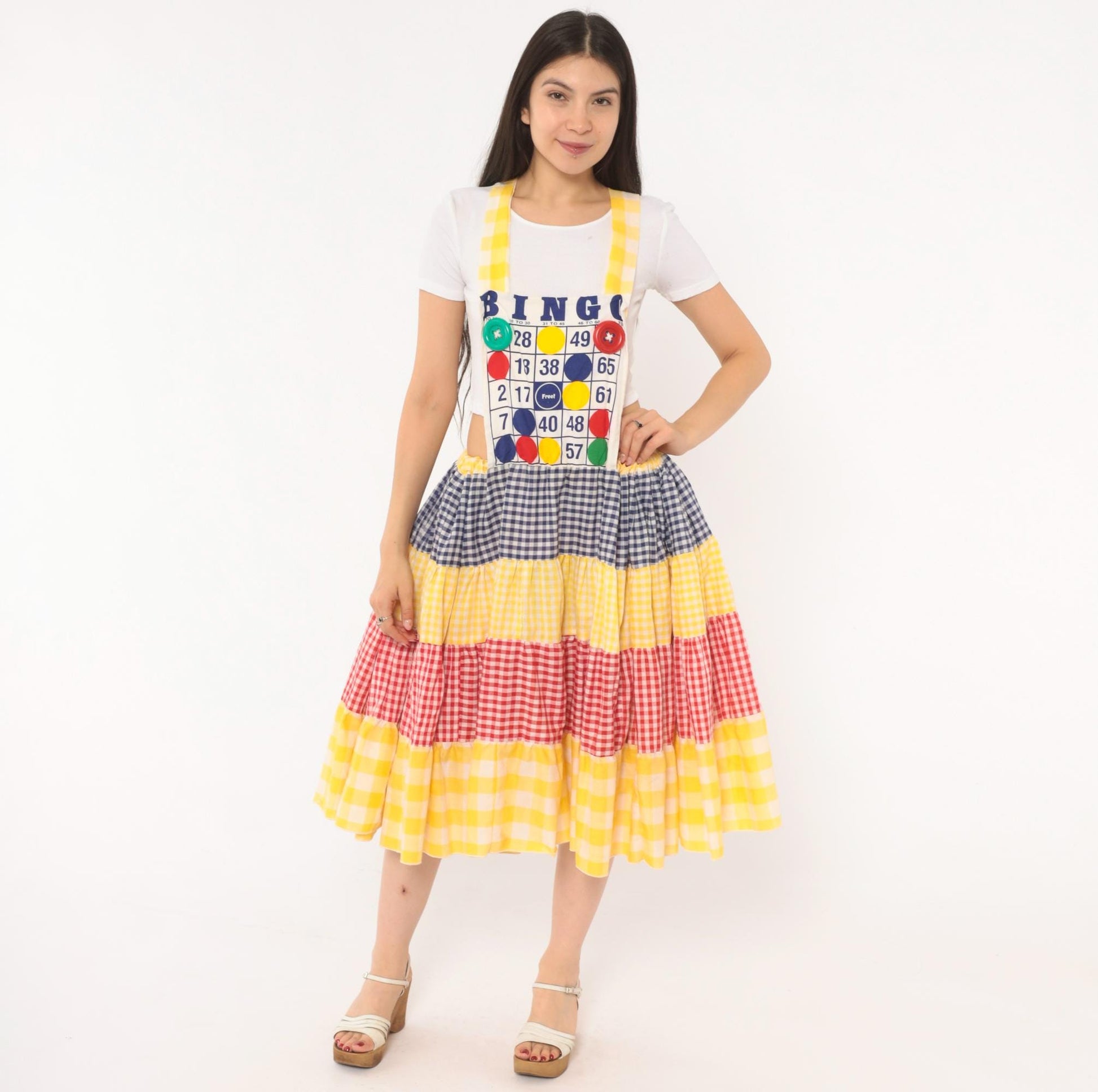 80s Bingo Card Cotton Pinafore Jumper Dress Tiered Gingham Navy Yellow Red Medium Large