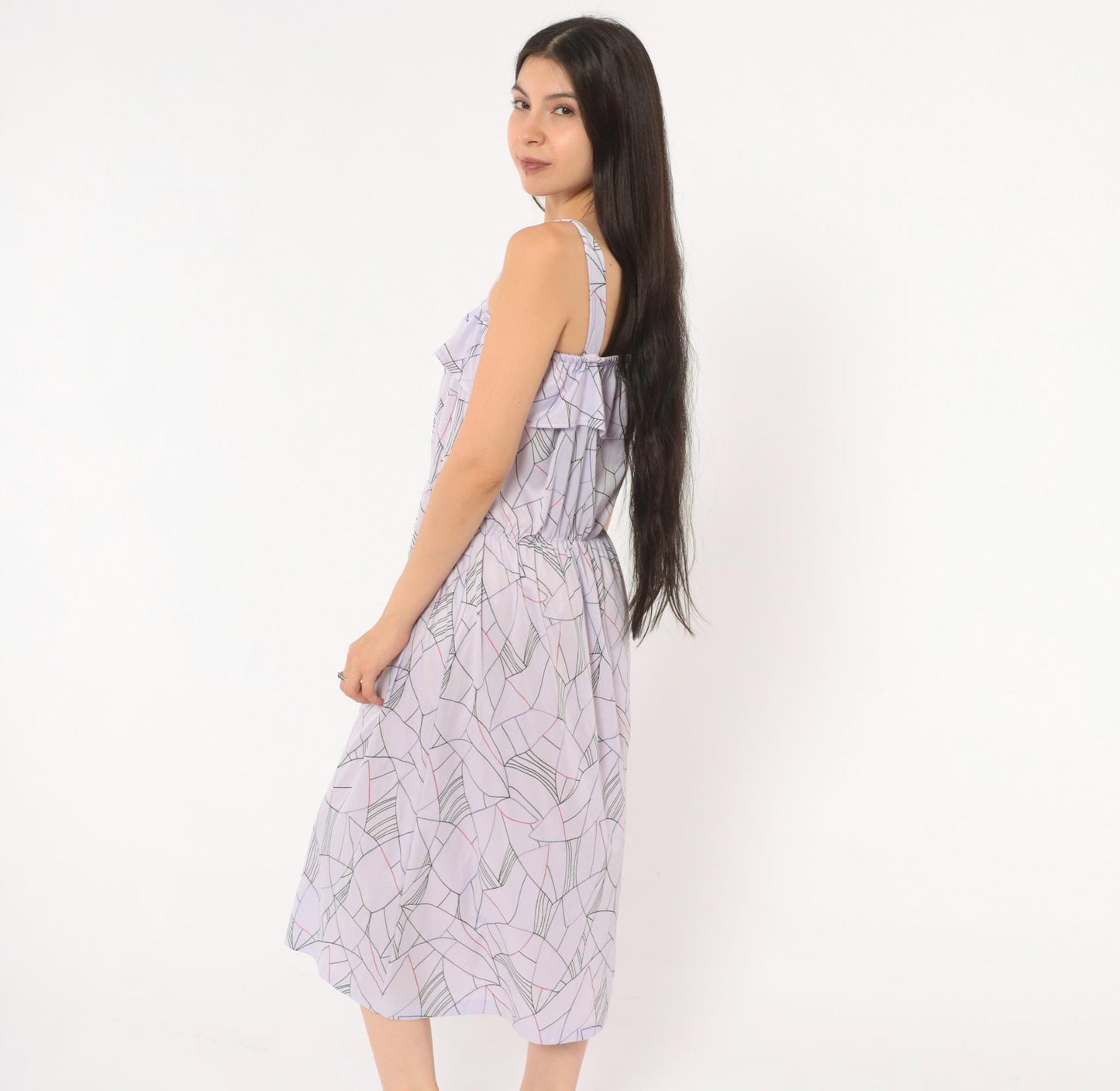 80s Lilac Abstract Geometric Midi Sundress Ruffle Bodice Strappy Small