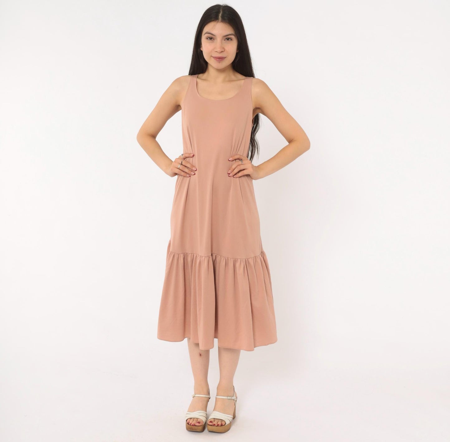 70s Dusty Rose Drop Waist Midi Dress Sleeveless Scoop Neck Tank Medium