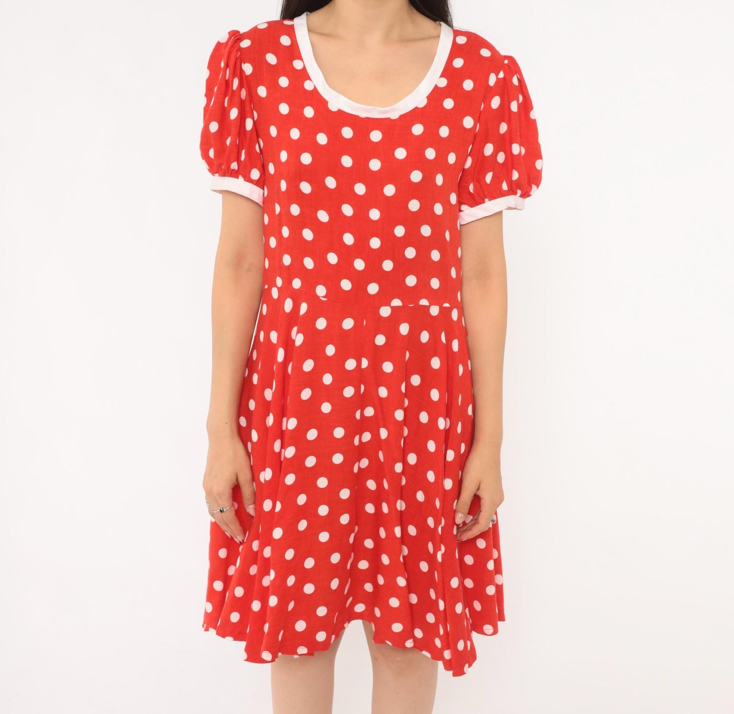 80s Red White Polka Dot Babydoll Dress Puff Sleeve Cotton Swing Mini Small
