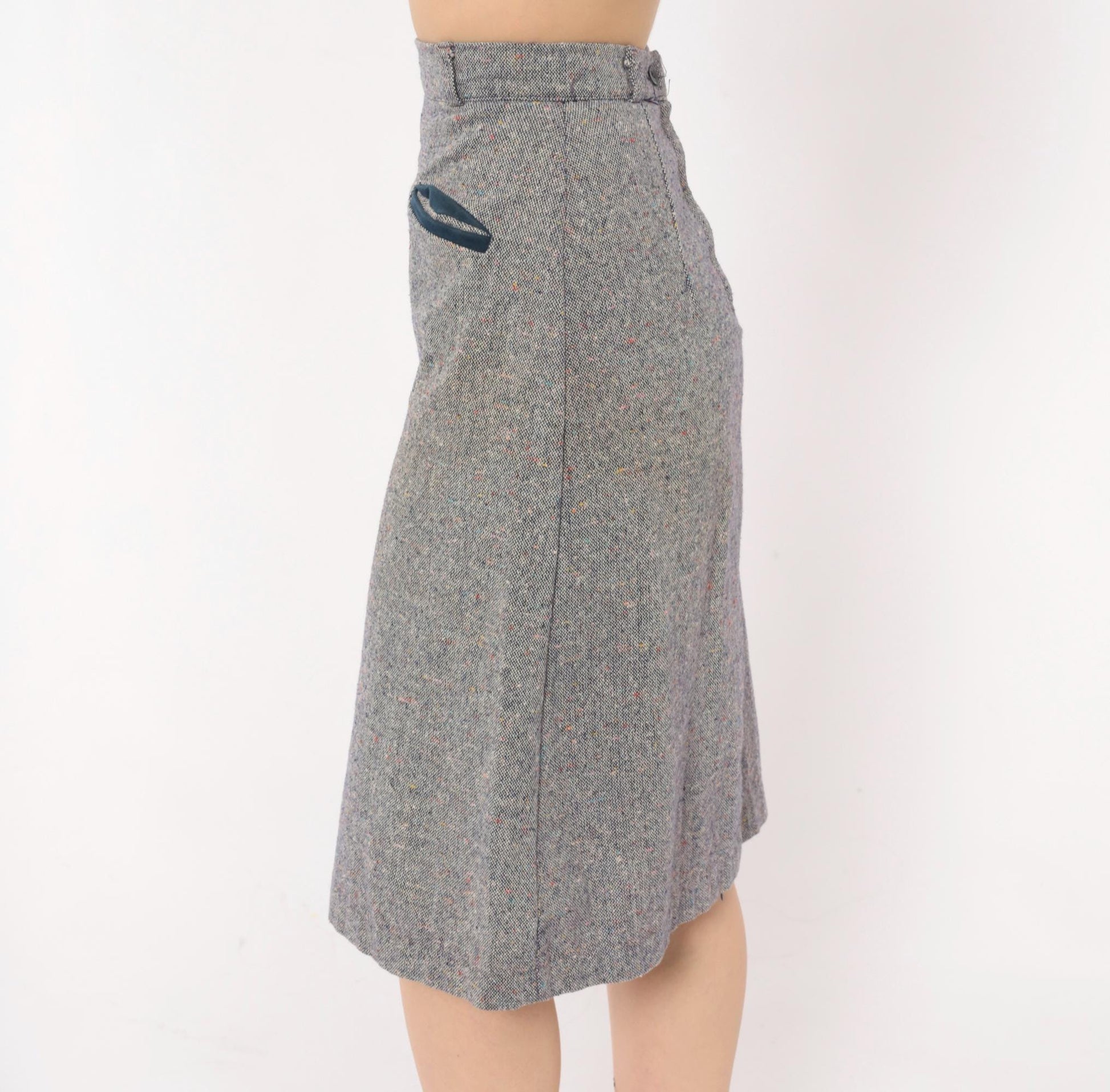 70s Navy Grey Tweed A-Line Skirt High Waist Welt Pocket Wool Blend Extra Small XS