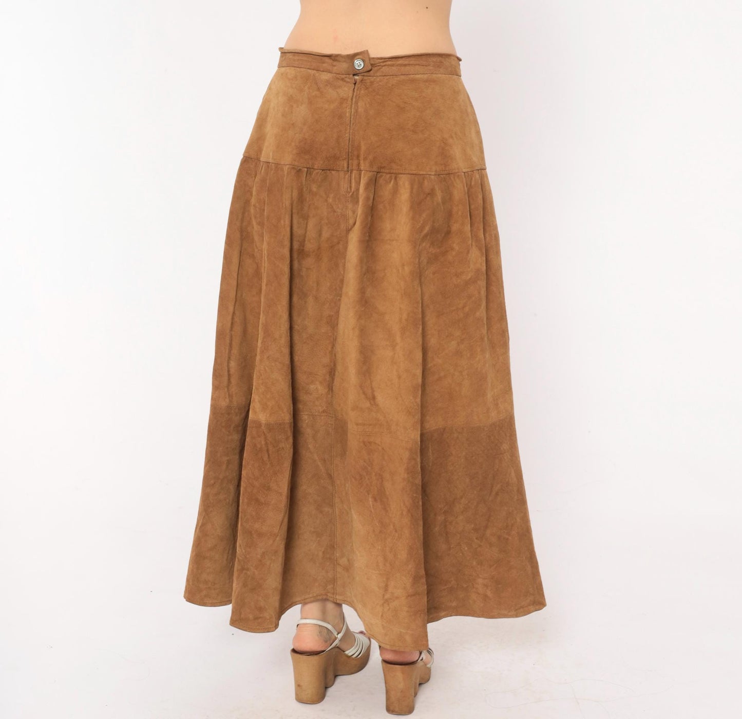 90s JH Collectibles Suede Maxi Skirt Tan A-Line Tiered Medium M