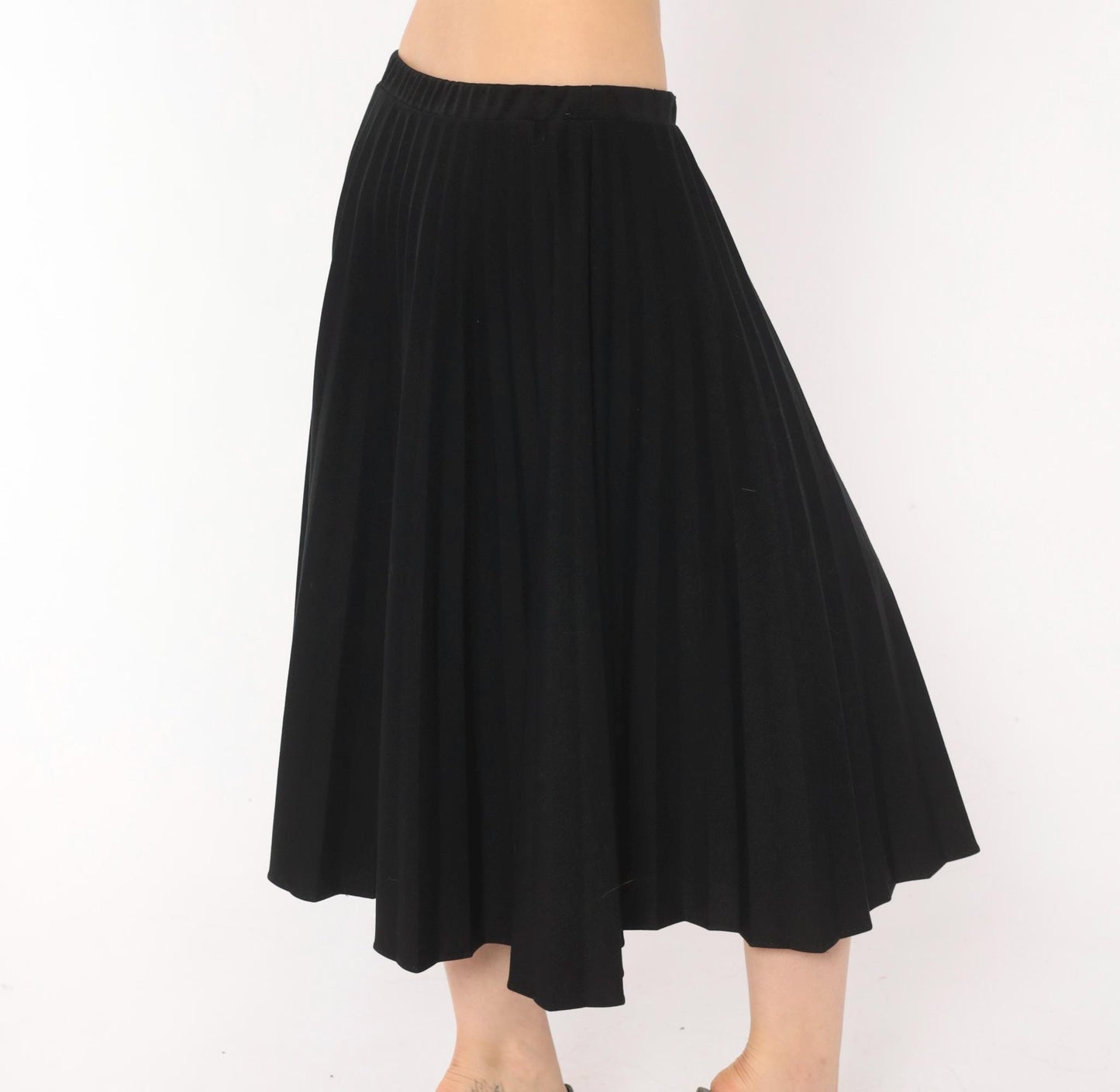 70s Sarah K Black Pleated Midi Skirt Accordion Knife Pleat Elastic Waist Medium Large