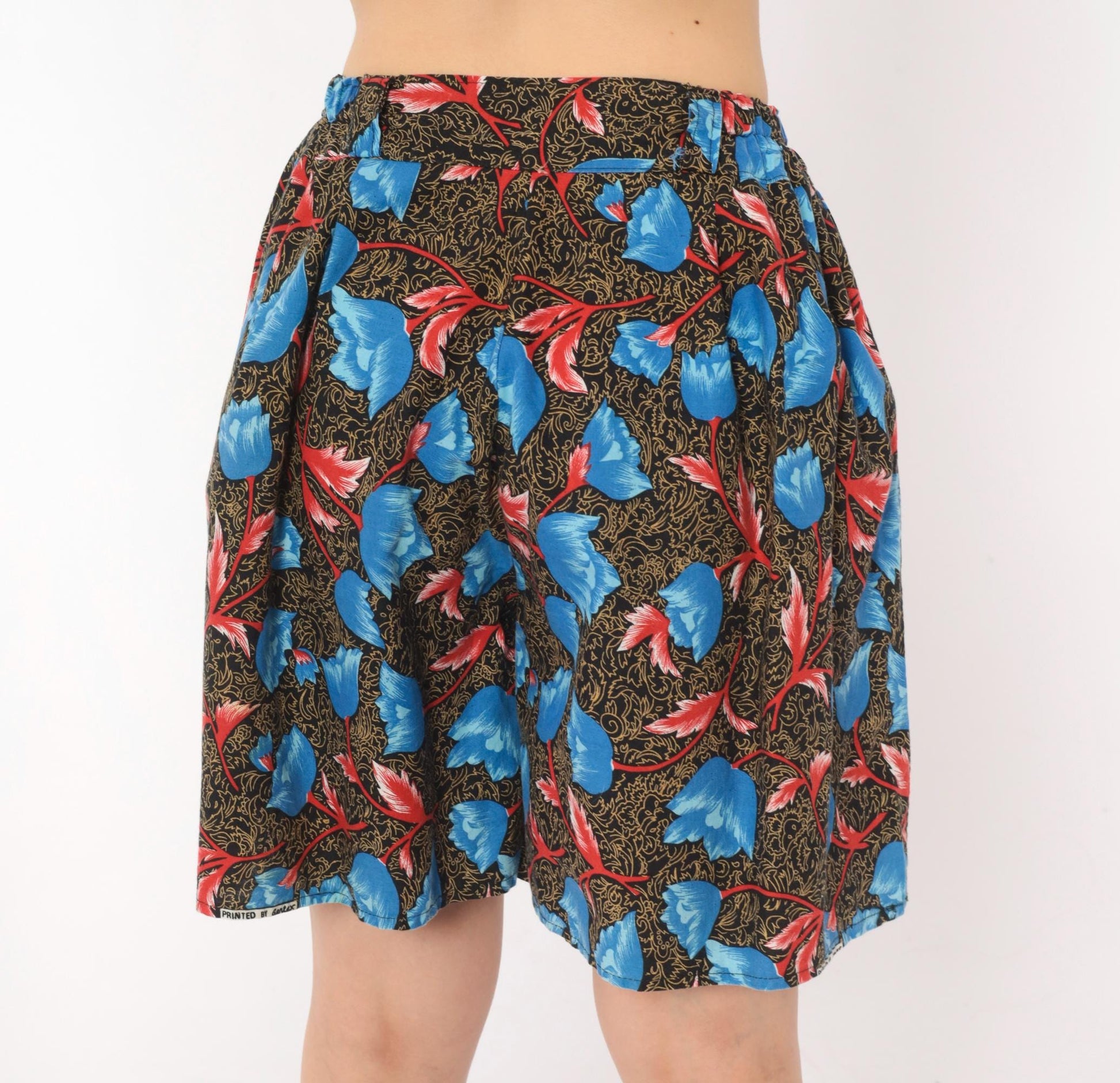 90s Blue Tulip Floral High-Waist Shorts Cotton Pleated Small Medium
