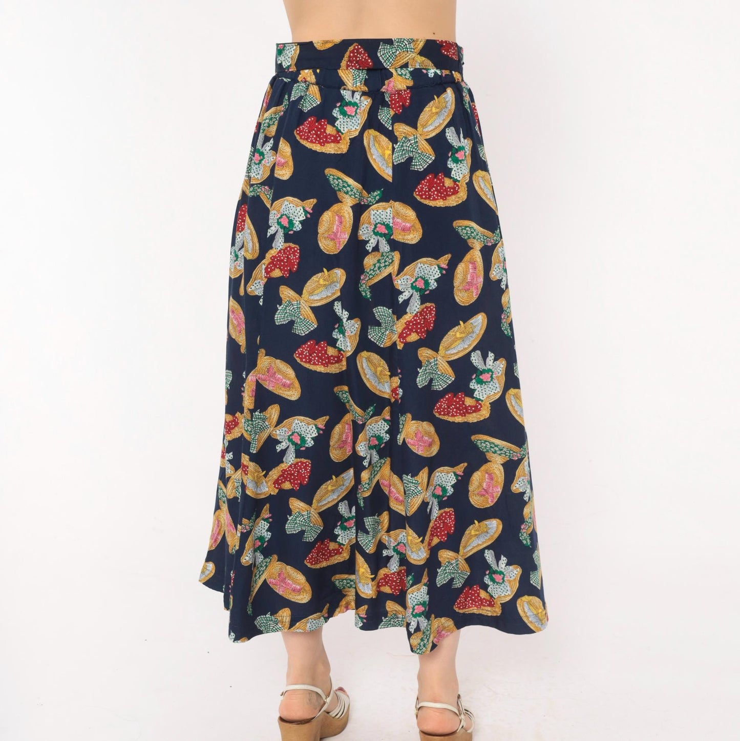 90s Susan Bristol Midi Skirt Straw Hat Print Navy Yellow Green Medium M
