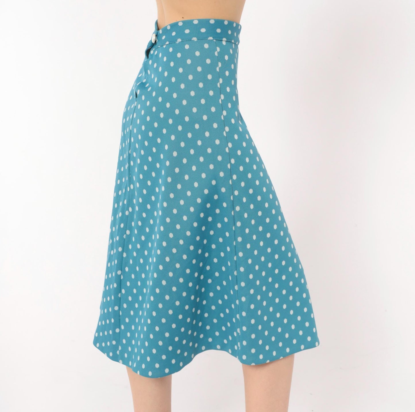 70s Teal Polka Dot A-Line Skirt White Spots Button Back Knee-Length Extra Small