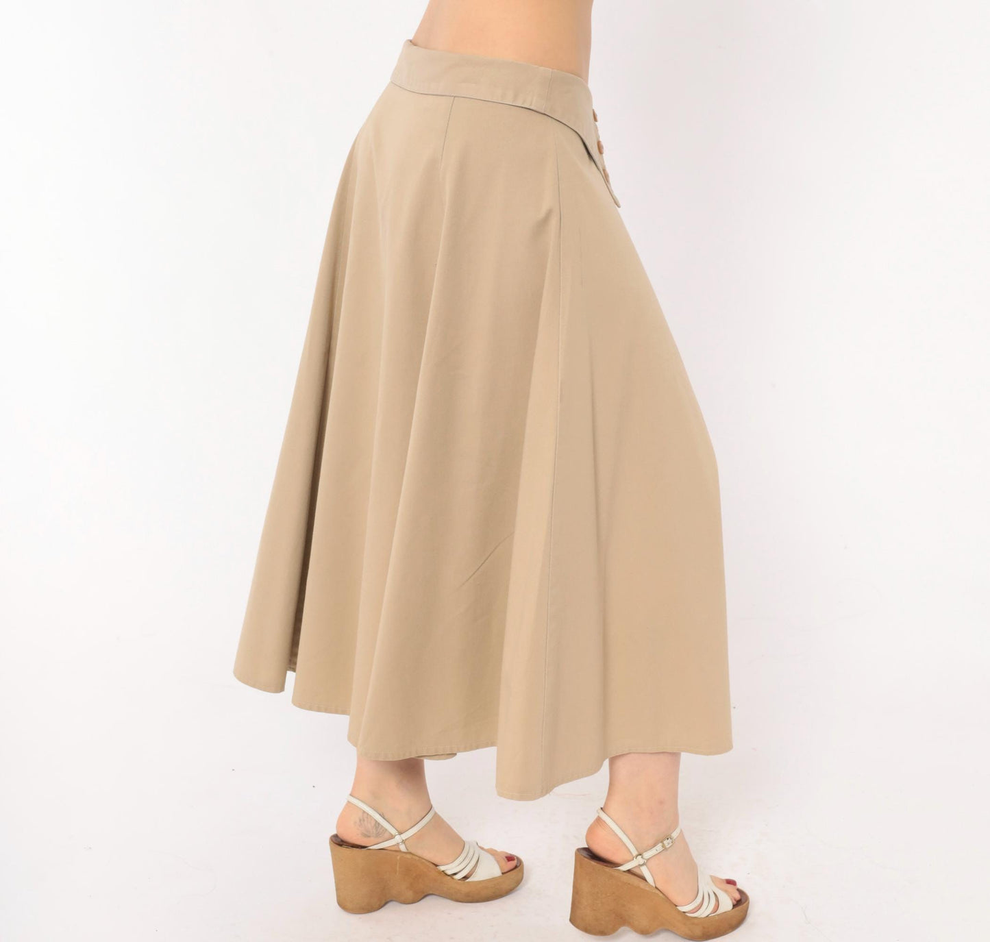 90s Tan A-Line Midi Skirt Fold-Over Waistband Button Front Medium