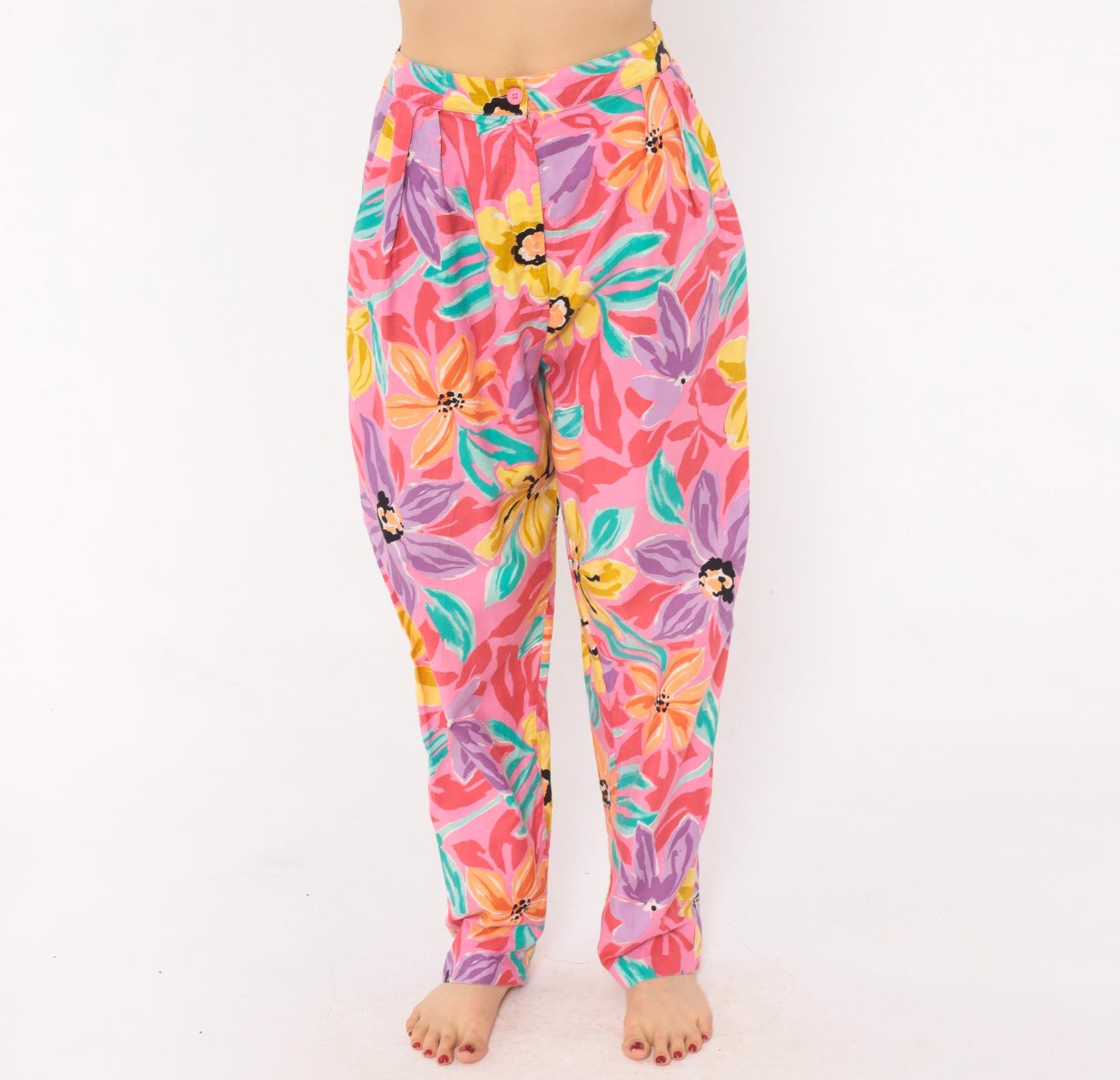 90s Charles Glueck Tropical Floral Tapered Pants Pink Purple High Waist Small