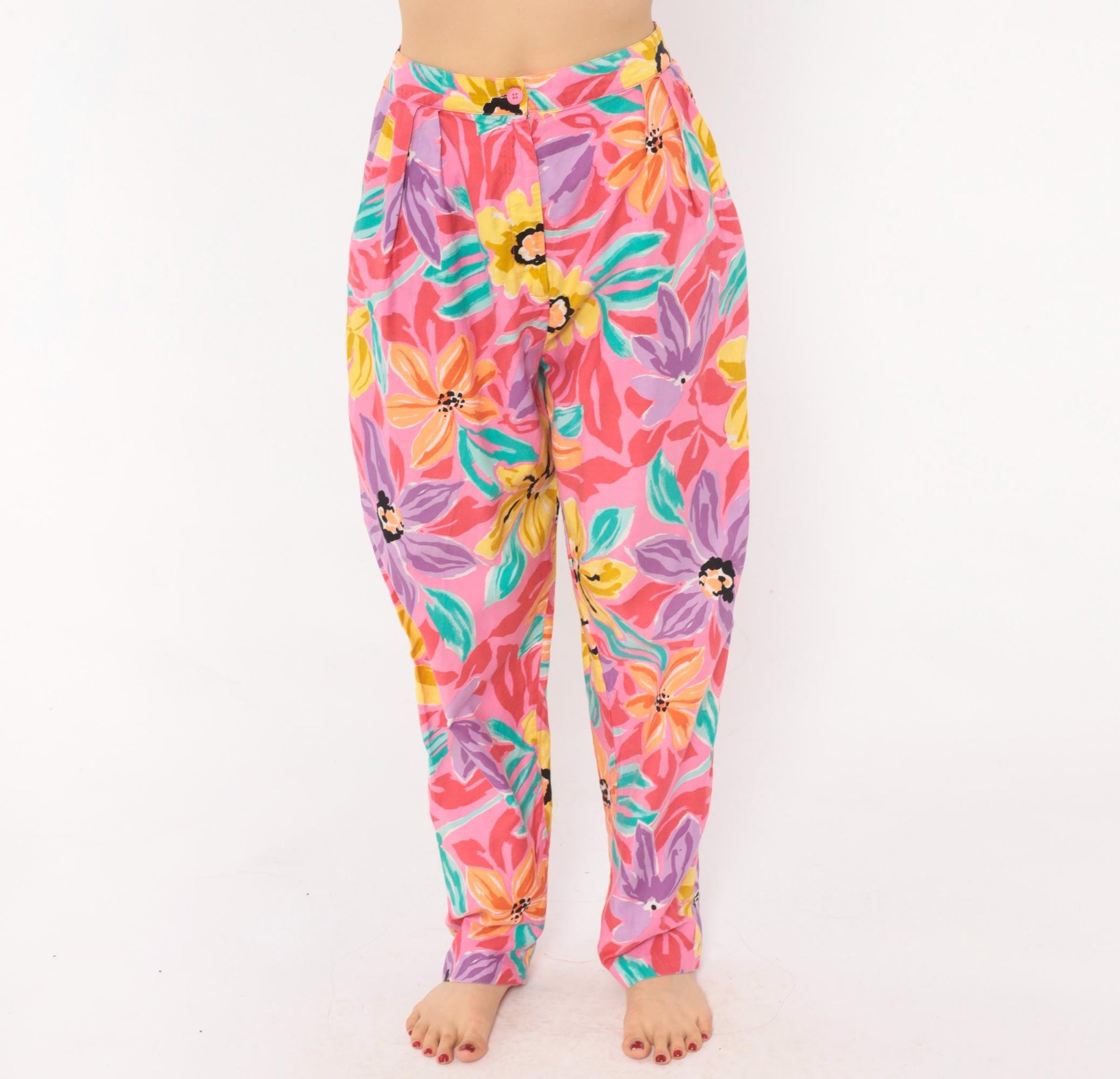 90s Charles Glueck Tropical Floral Tapered Pants Pink Purple High Waist Small