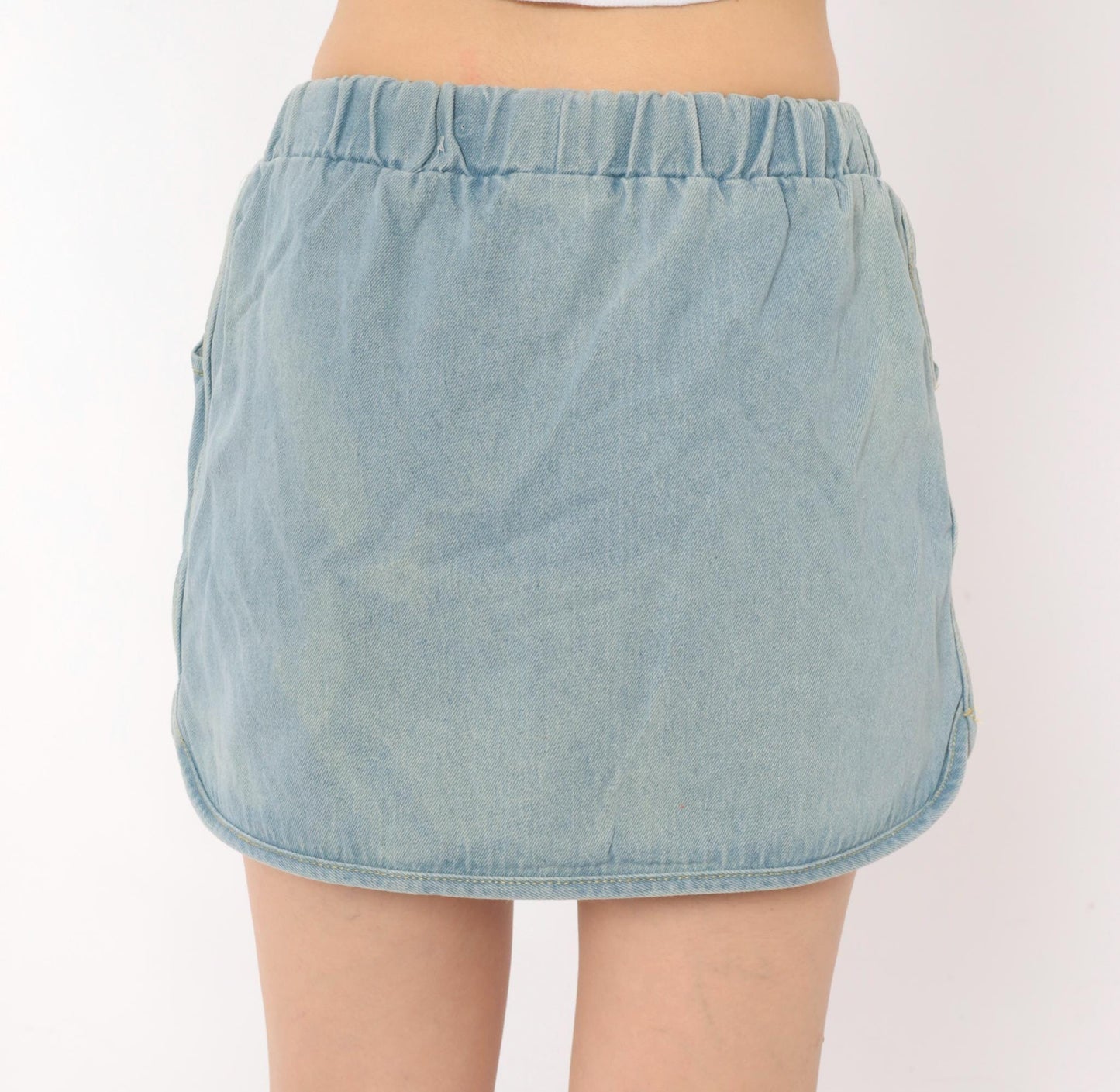 80s Light Wash Denim Mini Skirt Elastic Waist Curved Hem Small S