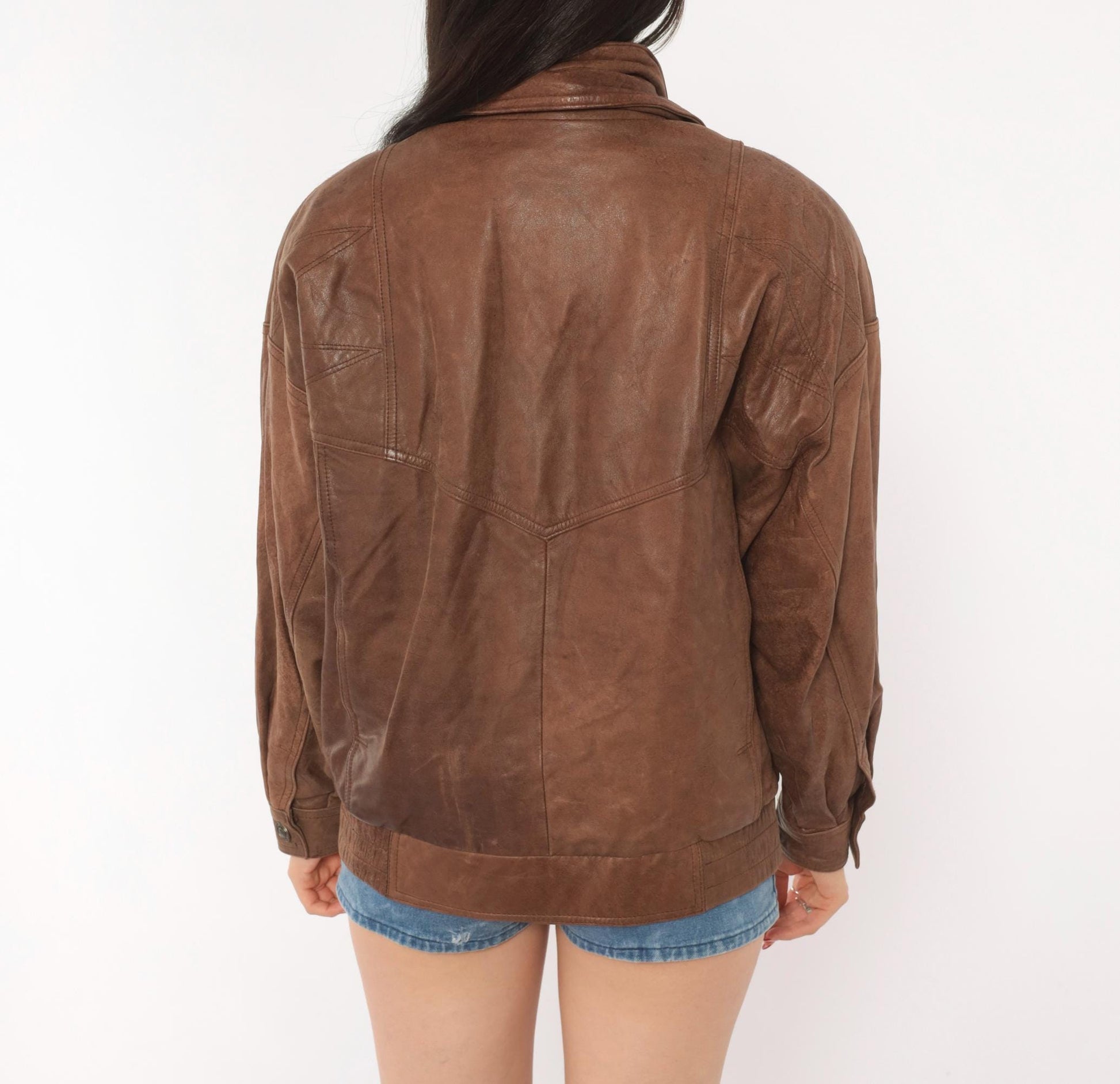 80s Adventure Bound Brown Leather Moto Jacket Snap Collar Small S