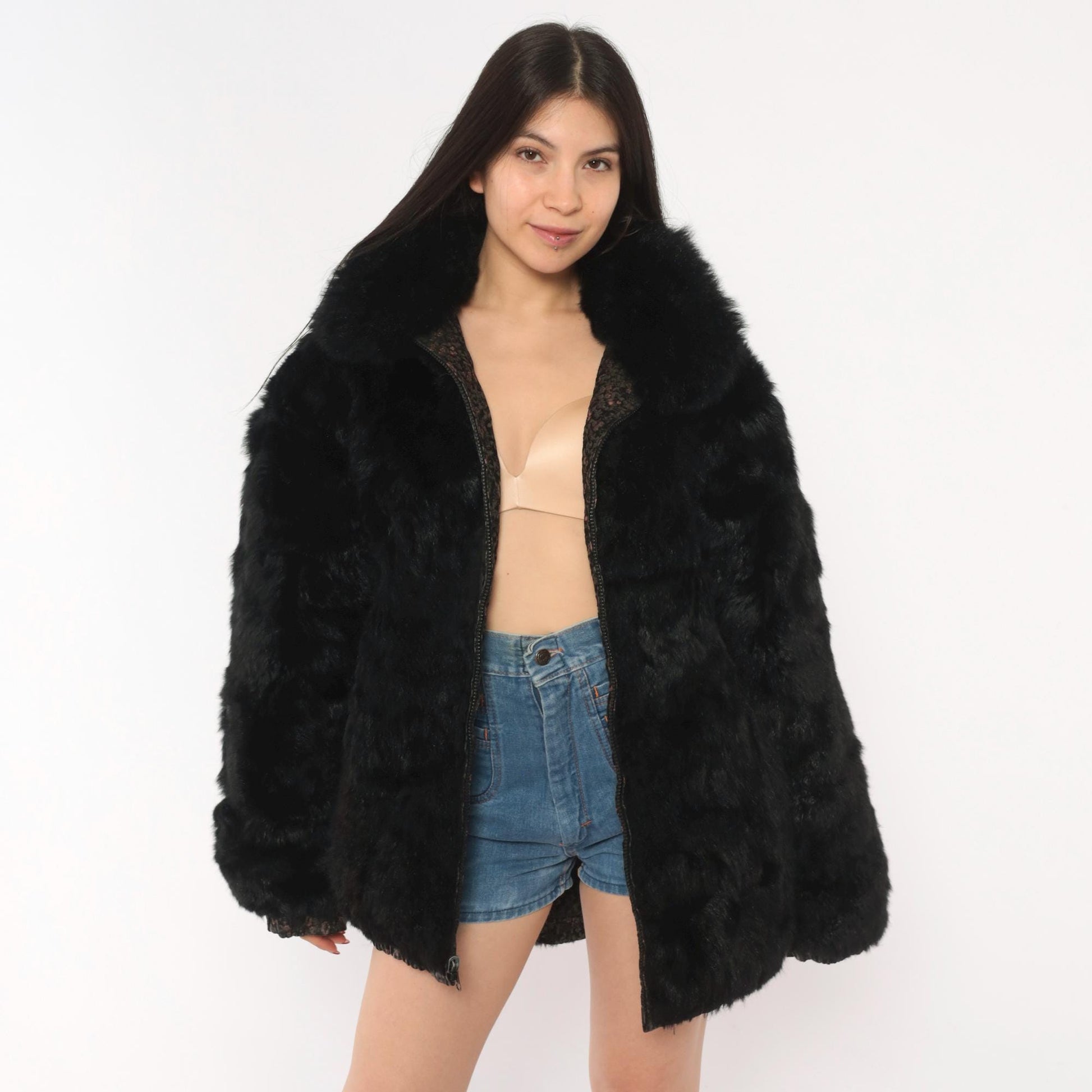 90s Black Floral Suede Bomber Jacket Faux Fur Collar Pink Extra Large