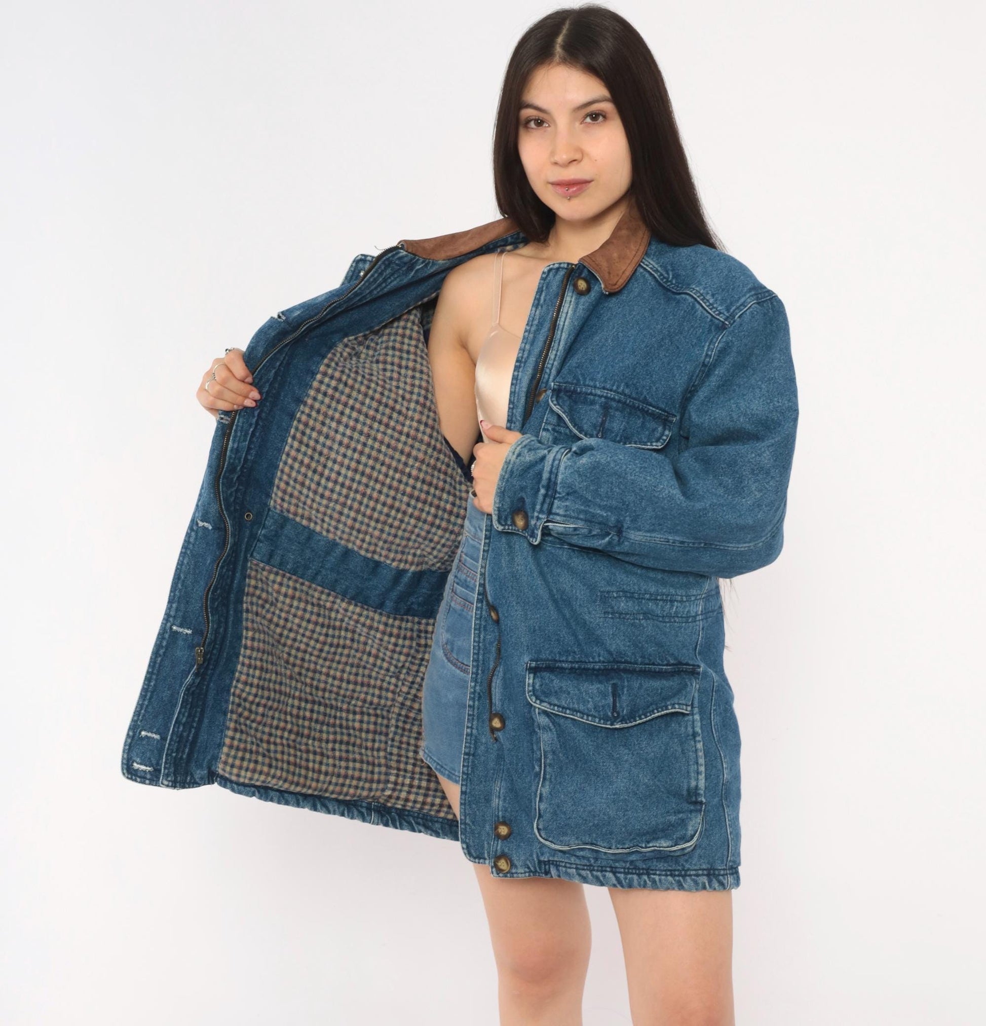 90s Kings Bay Denim Jacket Leather Collar Brown Cotton Workwear Medium M