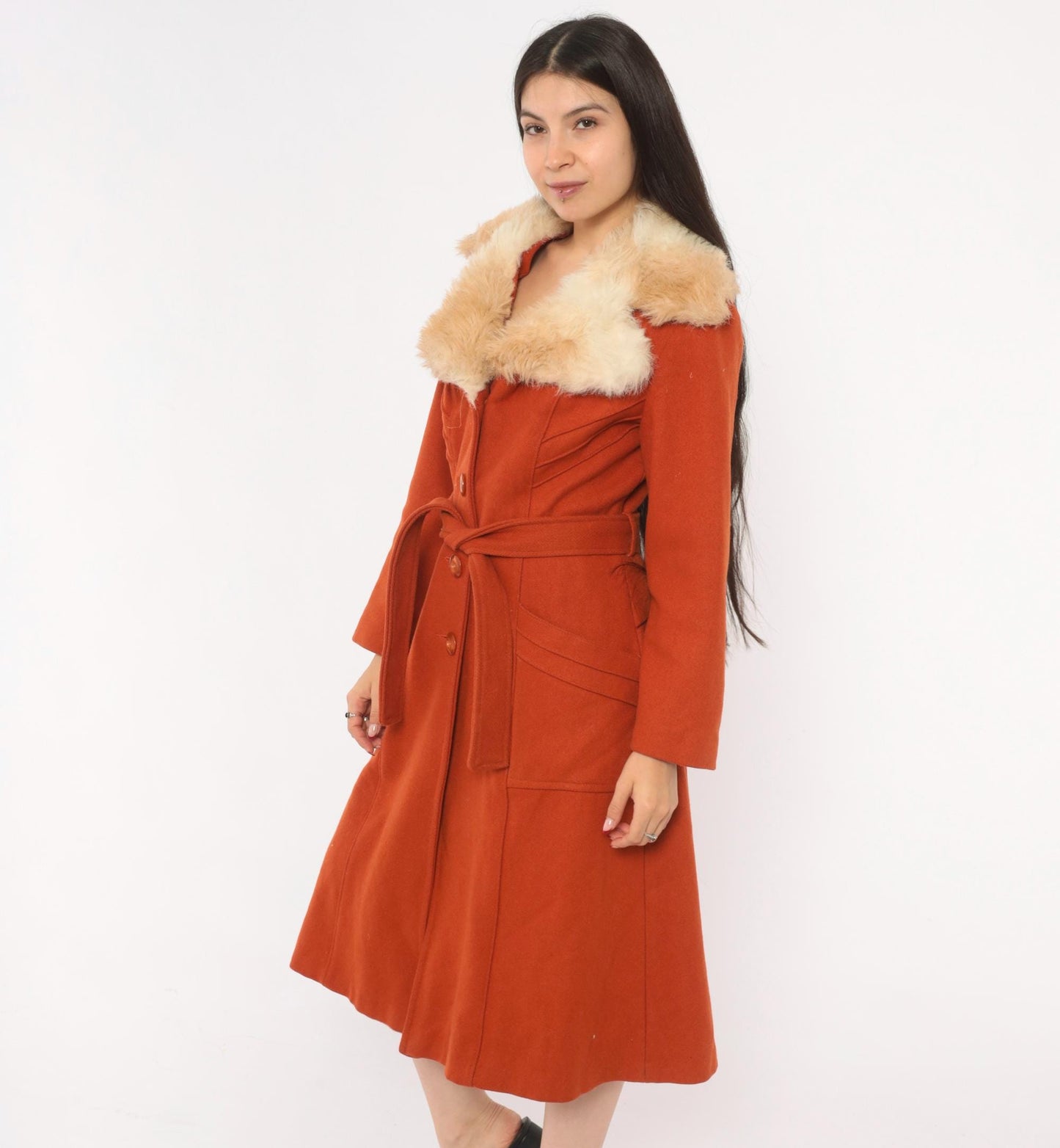 70s Burnt Orange Wool Coat Faux Fur Collar Belted Knee-Length Small