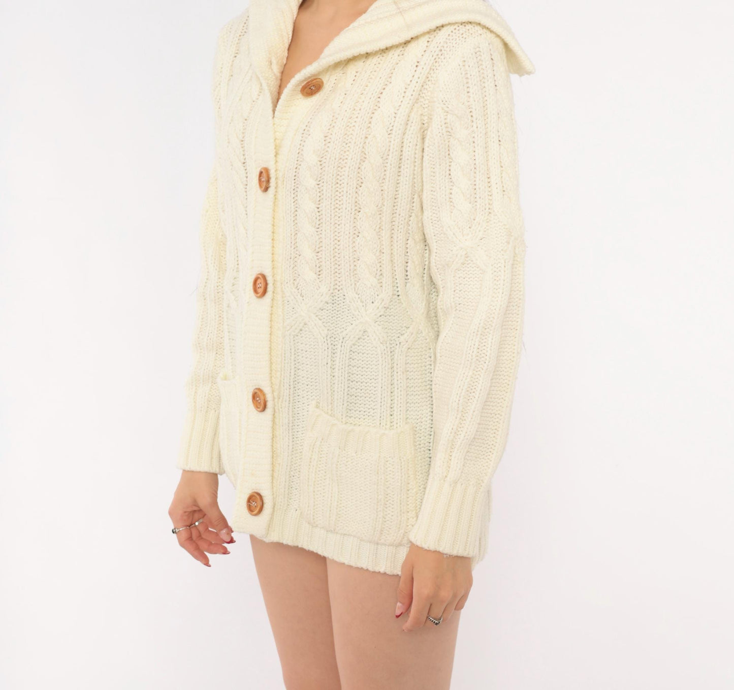 70s Exclusive Imports Cable Knit Cardigan Cream Fold-Over Collar Large L
