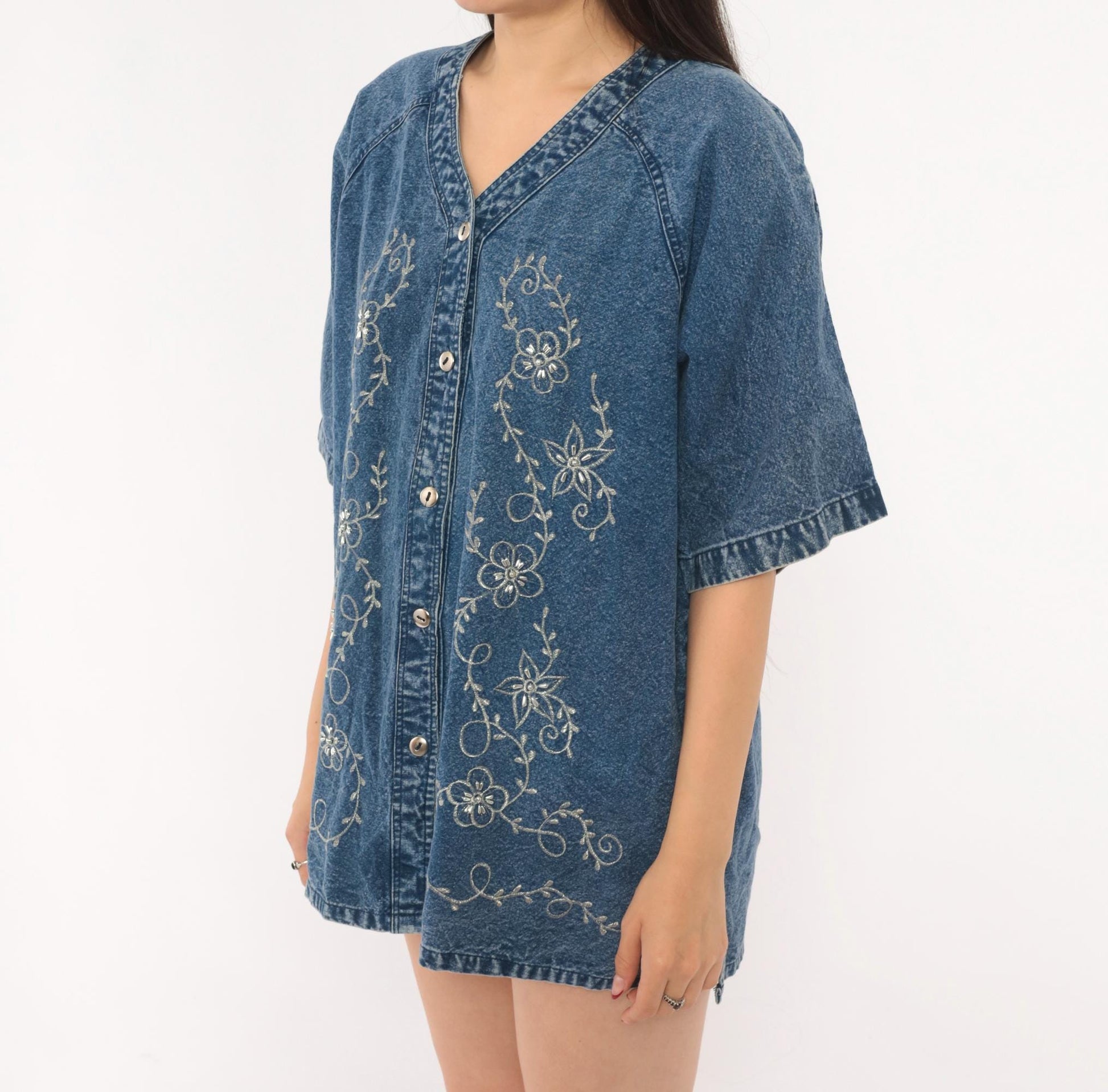 90s Premier International Denim Blouse Floral Vine Embroidery Blue Cotton Medium
