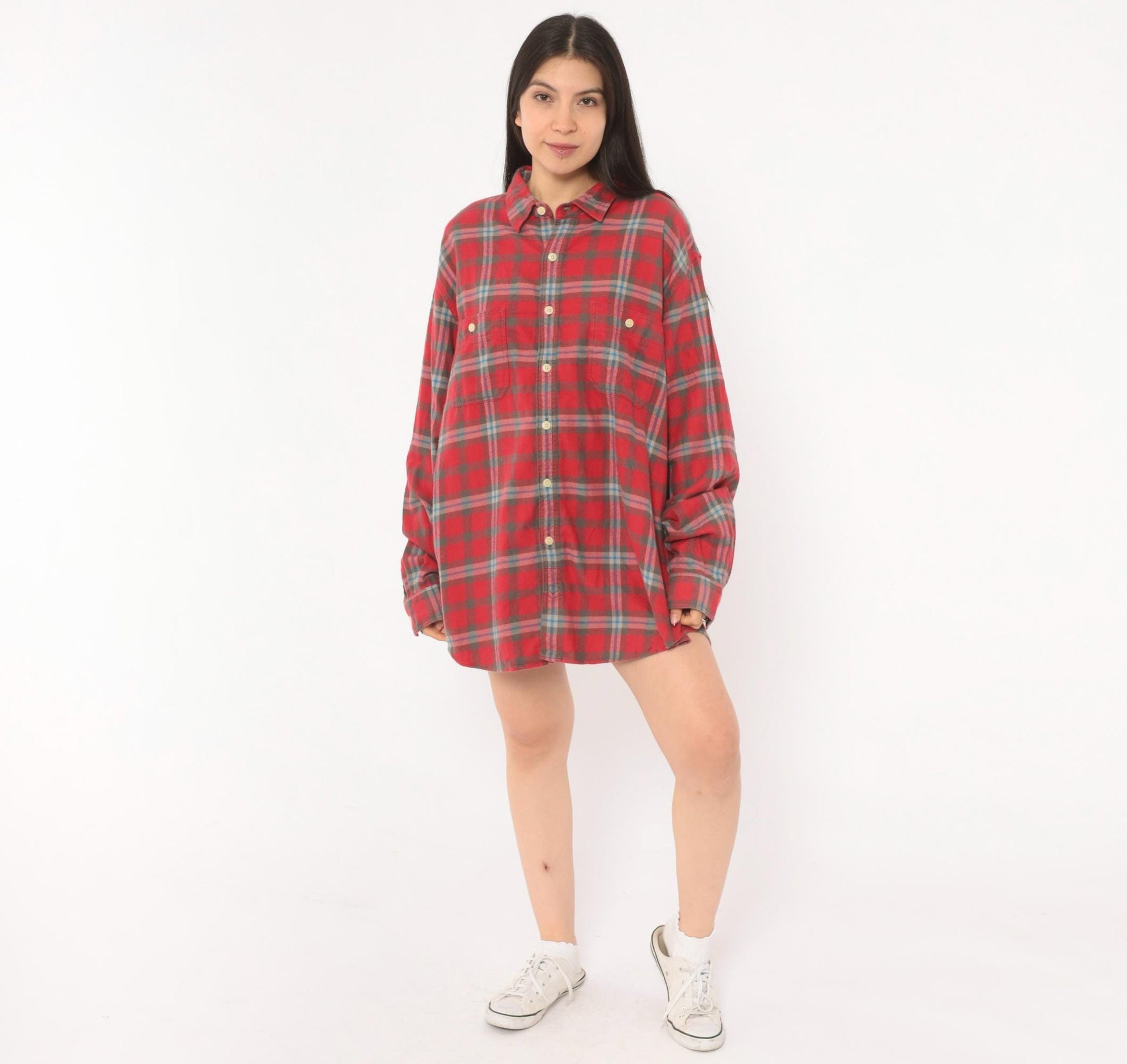 2000s J.Crew Red Plaid Flannel Button-Up Shirt Cotton Grey Blue Check Extra Large XL