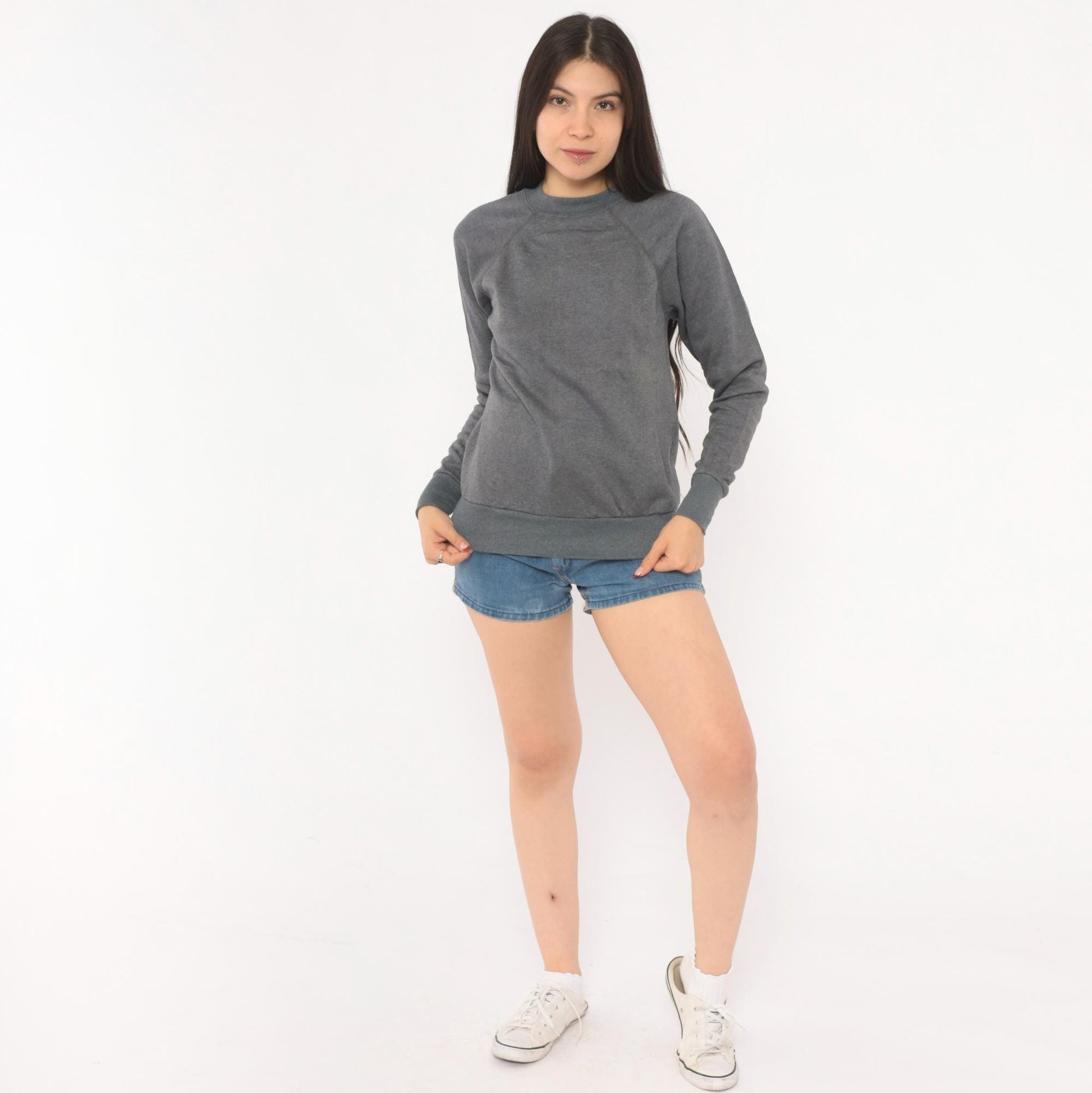 80s Charcoal Grey Raglan Sweatshirt Crewneck Cotton Pullover Small S