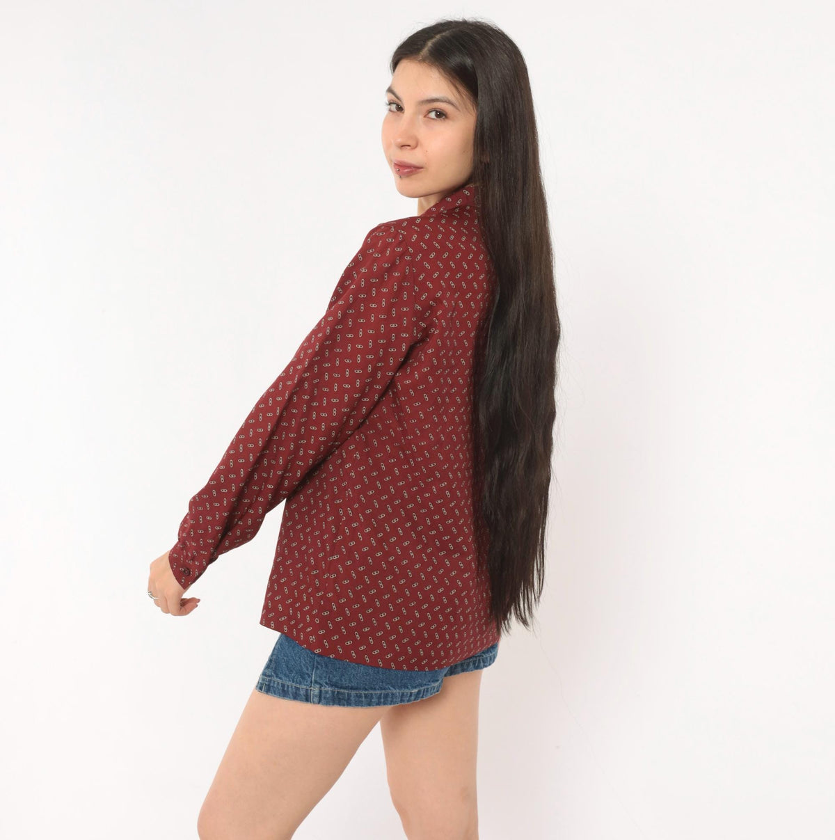 80s Koret Burgundy Chain Link Print Button Blouse Long Sleeve Medium M