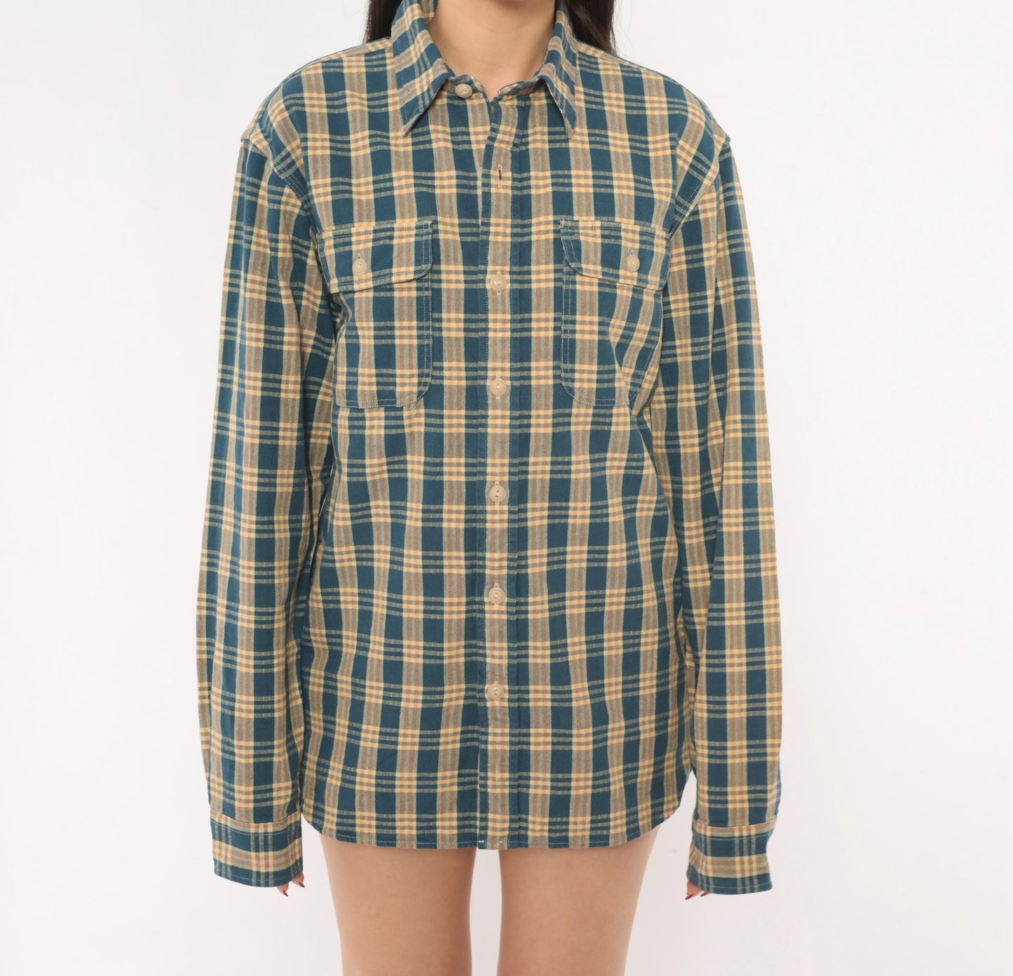 90s Ralph Lauren Plaid Flannel Shirt Teal Cream Cotton Small S