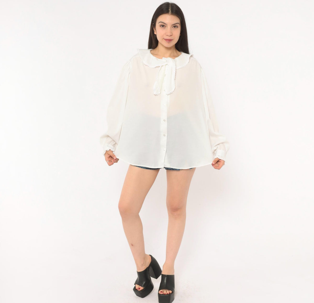70s Lady Oak Hill White Bow Collar Blouse Puff Sleeve Lace Trim Extra Large XL