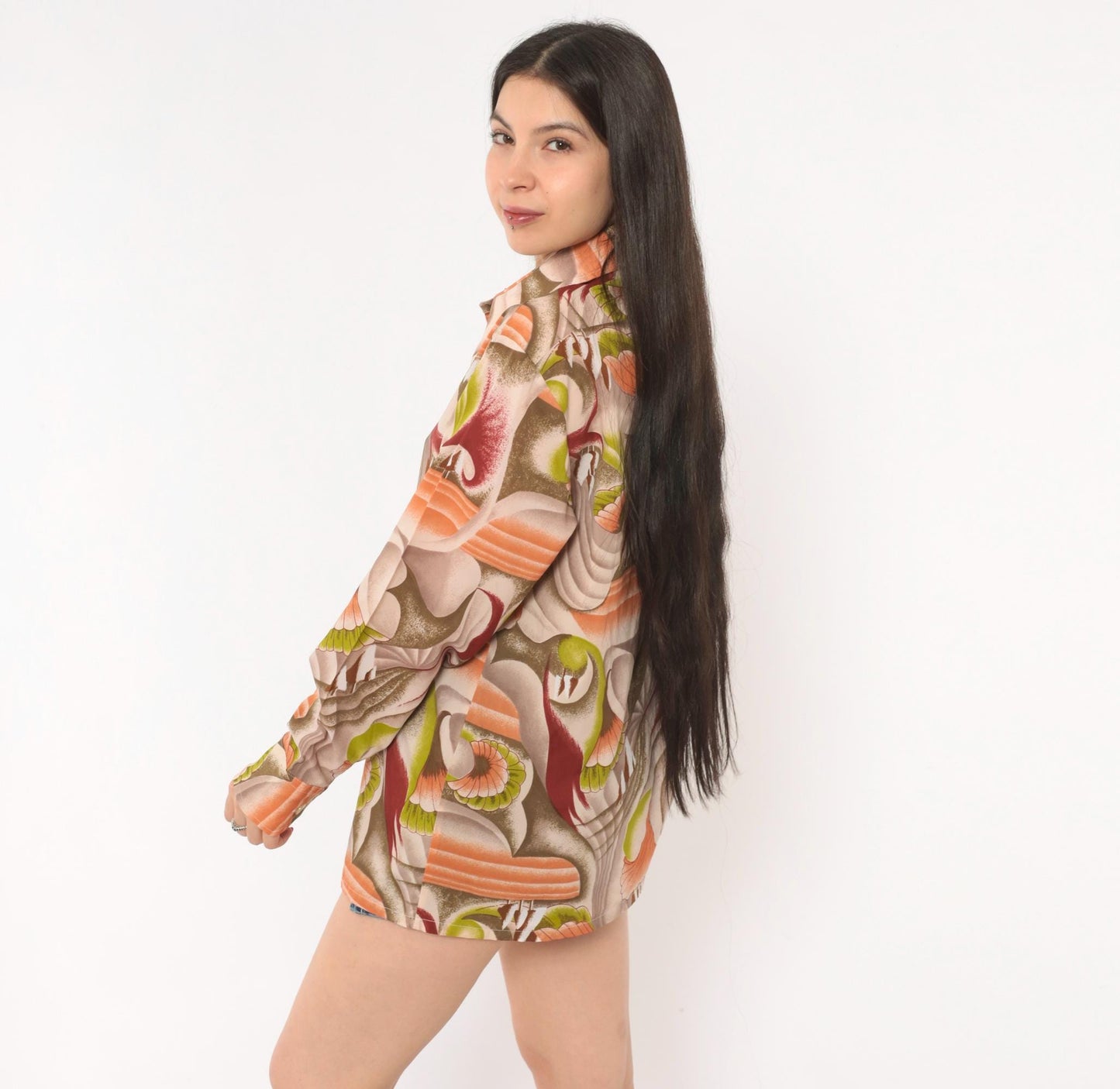 70s Landmark Button Front Shirt Psychedelic Swirl Print Olive Burgundy Medium