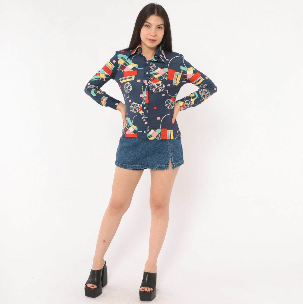 70s Panther Navy Geometric Floral Button Front Blouse Long Sleeve Small