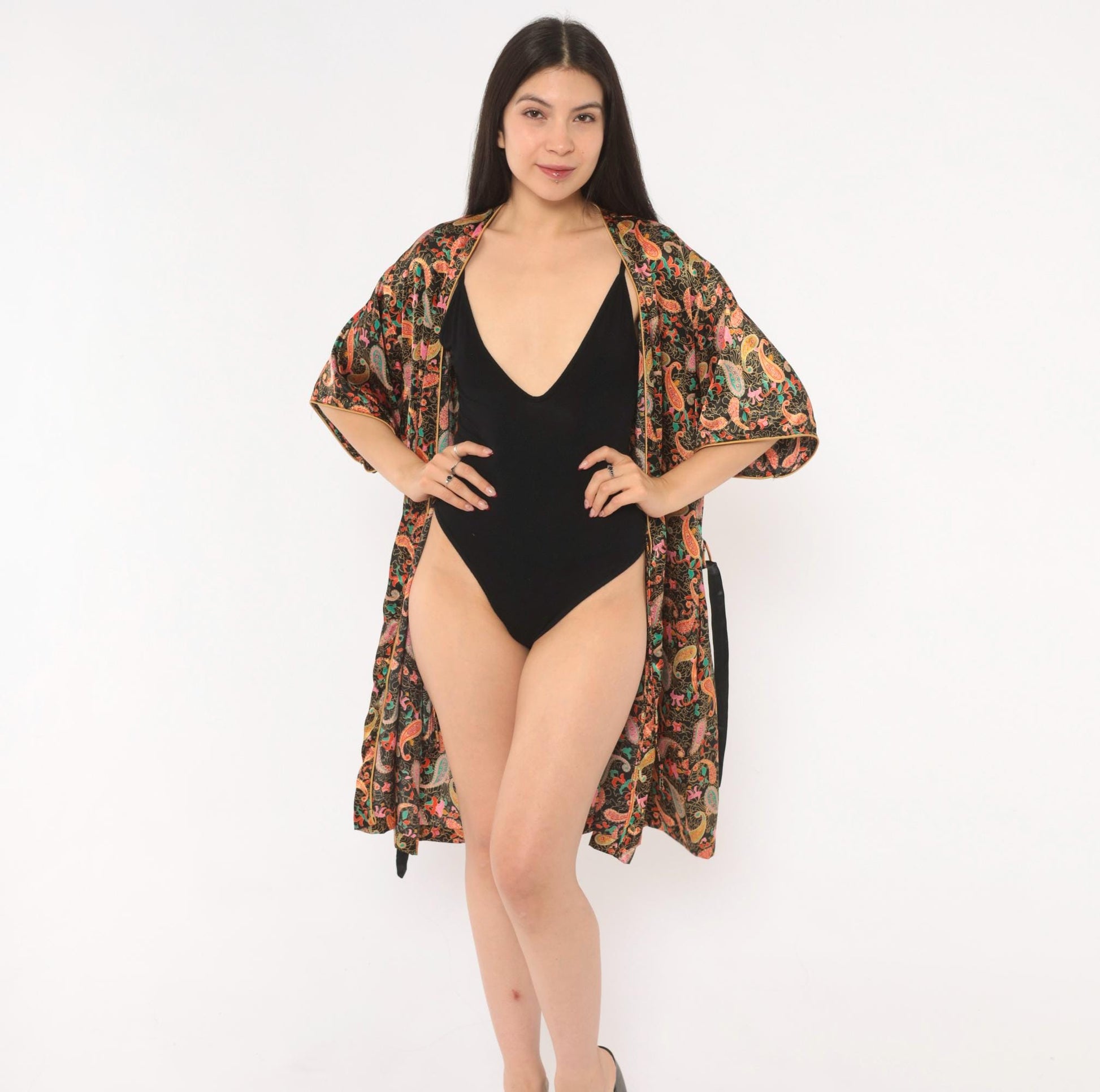 90s Barbizon Paisley Kimono Robe Wrap Front Tie Belt Black Gold Teal Pink Small