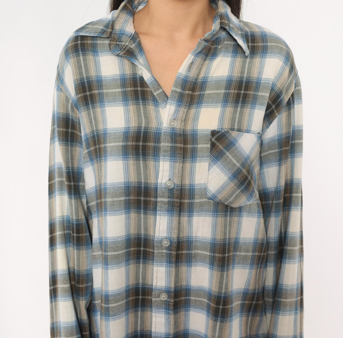 80s Sears Sportswear Plaid Flannel Shirt Blue White Cotton Button-Up Medium