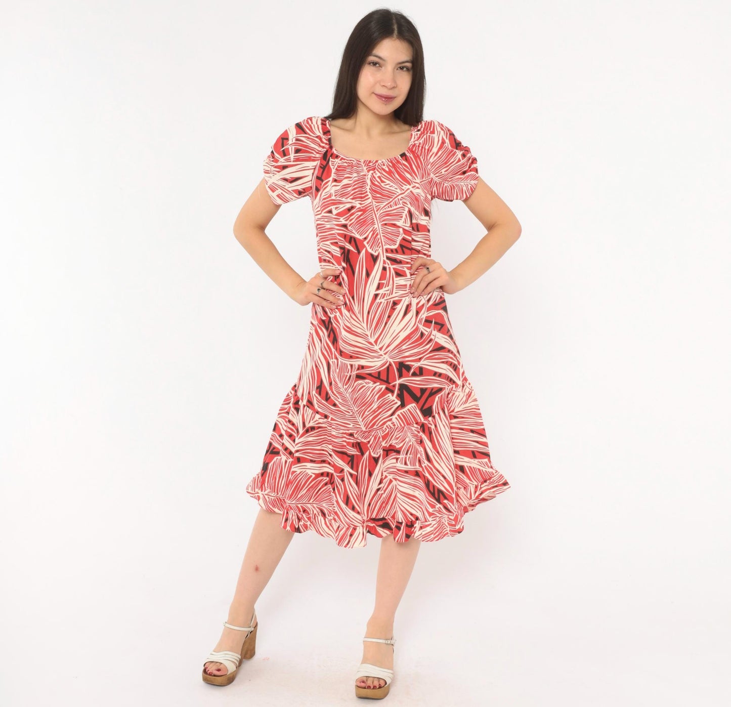 80s Me-Too Tropical Leaf Print Dress Red White Puff Sleeve Knee-Length XS