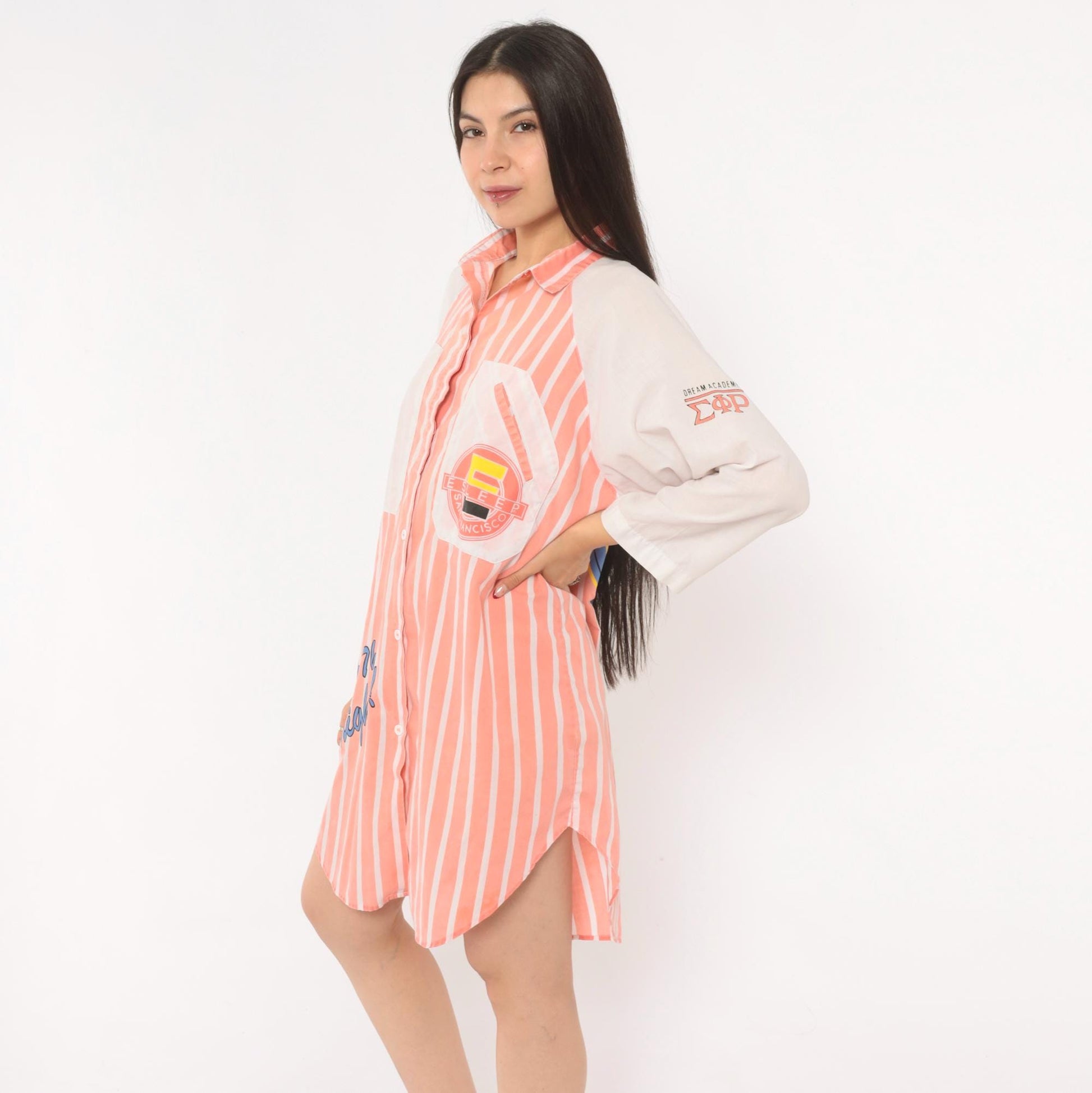 90s Esleep Pink Striped Sleep Shirt Knee-Length Raglan Nightgown Small