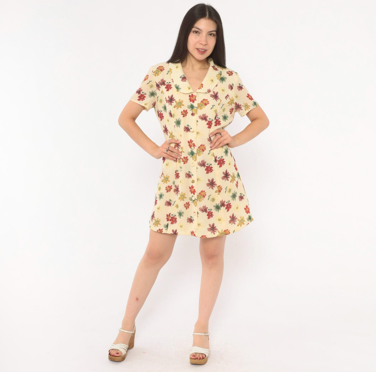 90s Evan-Picone Floral Button Front Mini Dress Cream Daisy Print Medium M
