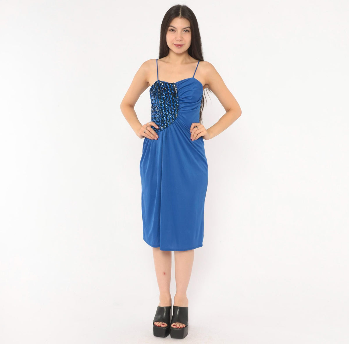 80s Cobalt Blue Sequin Spaghetti Strap Dress Knee Length Beaded Bodice Extra Small XS