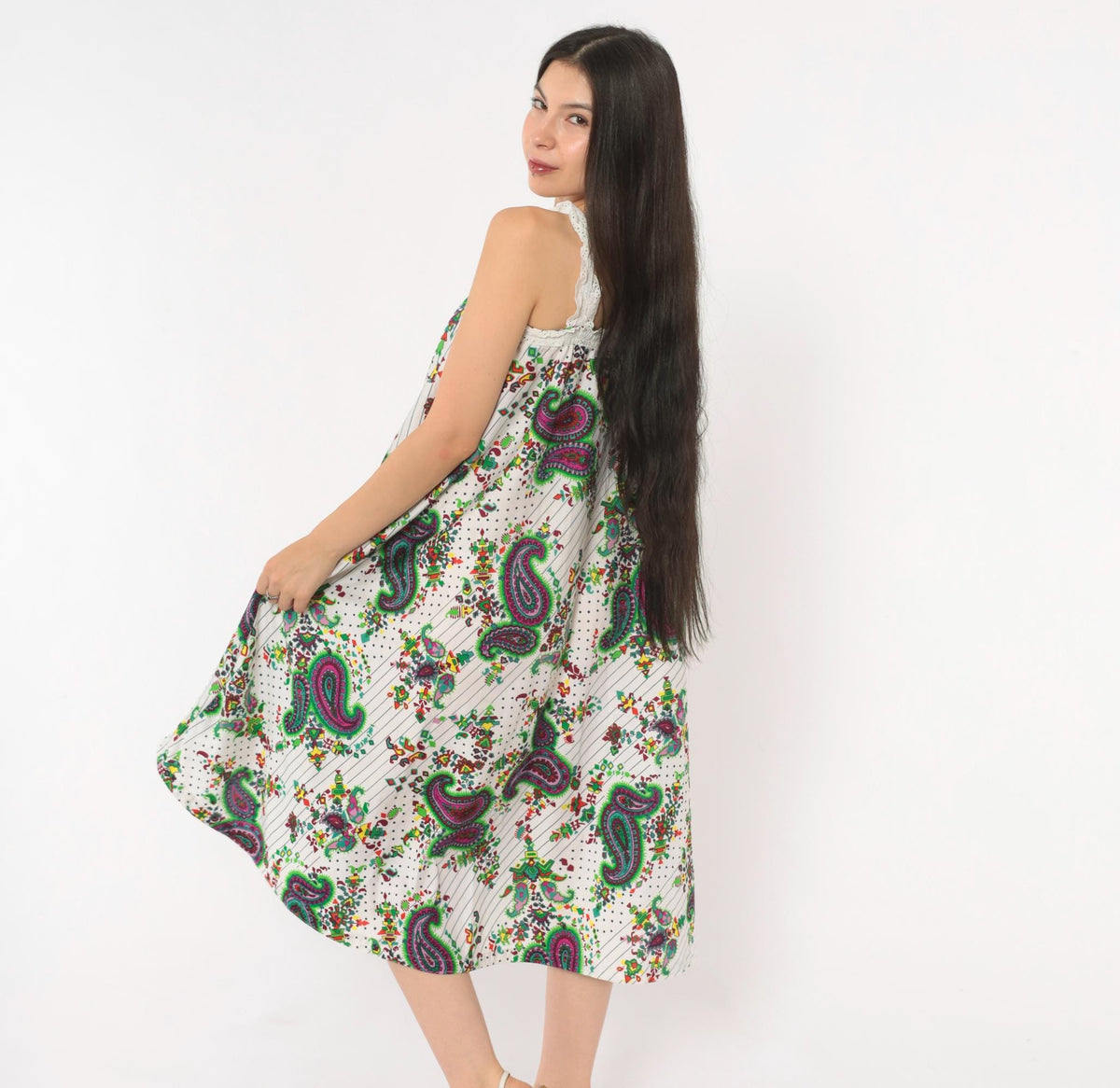 70s Paisley Floral Sundress White Green Purple Eyelet Lace Midi Extra Small