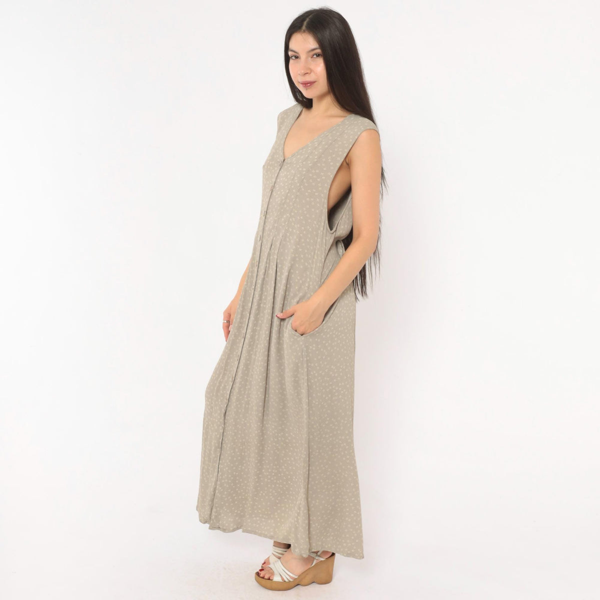 90s Bryn Connelly Ditsy Floral Maxi Dress Grey Cream Button Front Large L