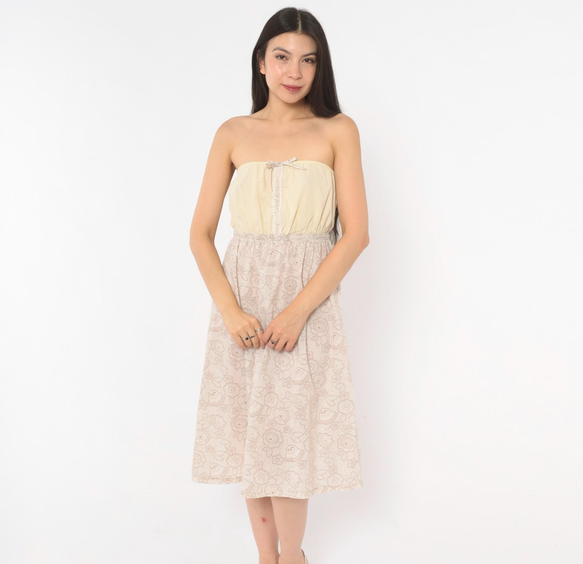 90s Cream Paisley Strapless Sundress Floral Print Lace Trim Small
