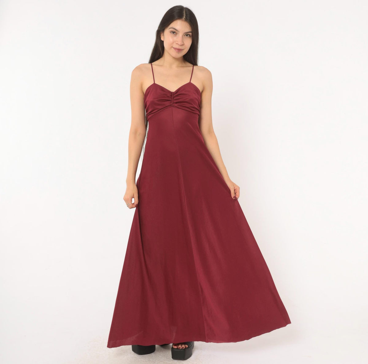 70s Burgundy Maxi Dress Sweetheart Neckline Empire Waist Spaghetti Strap Small
