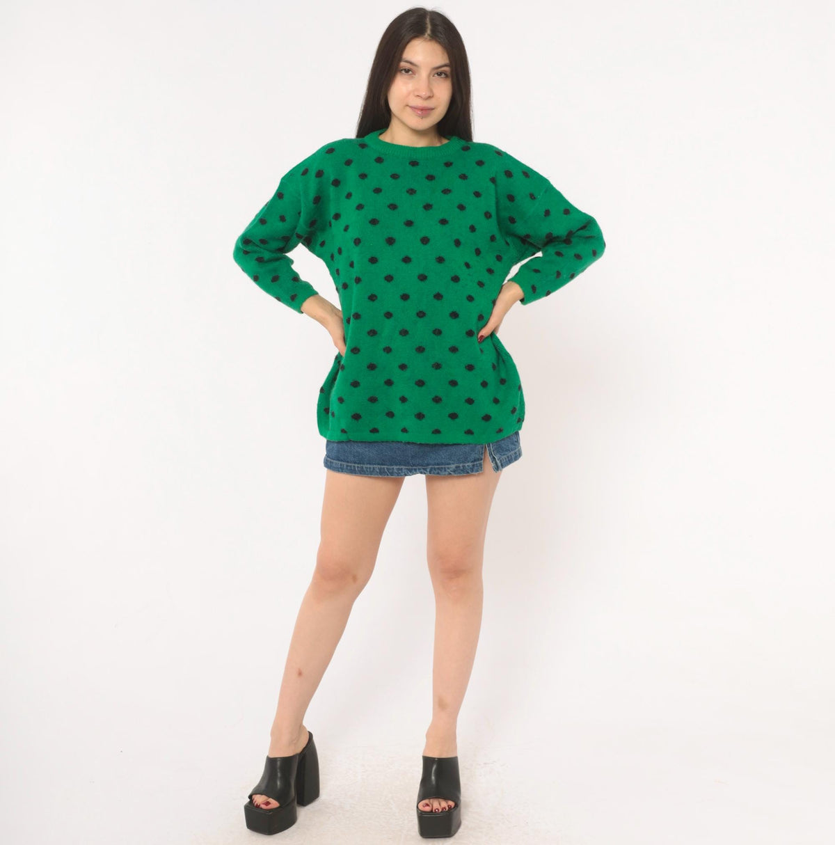 90s Perspective Polka Dot Wool Knit Sweater Emerald Green Medium M