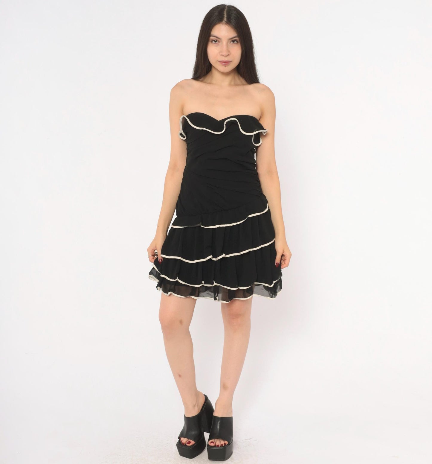 Y2K Black Mini Dress Sweetheart Neckline White Piping Ruched Bustier Medium M