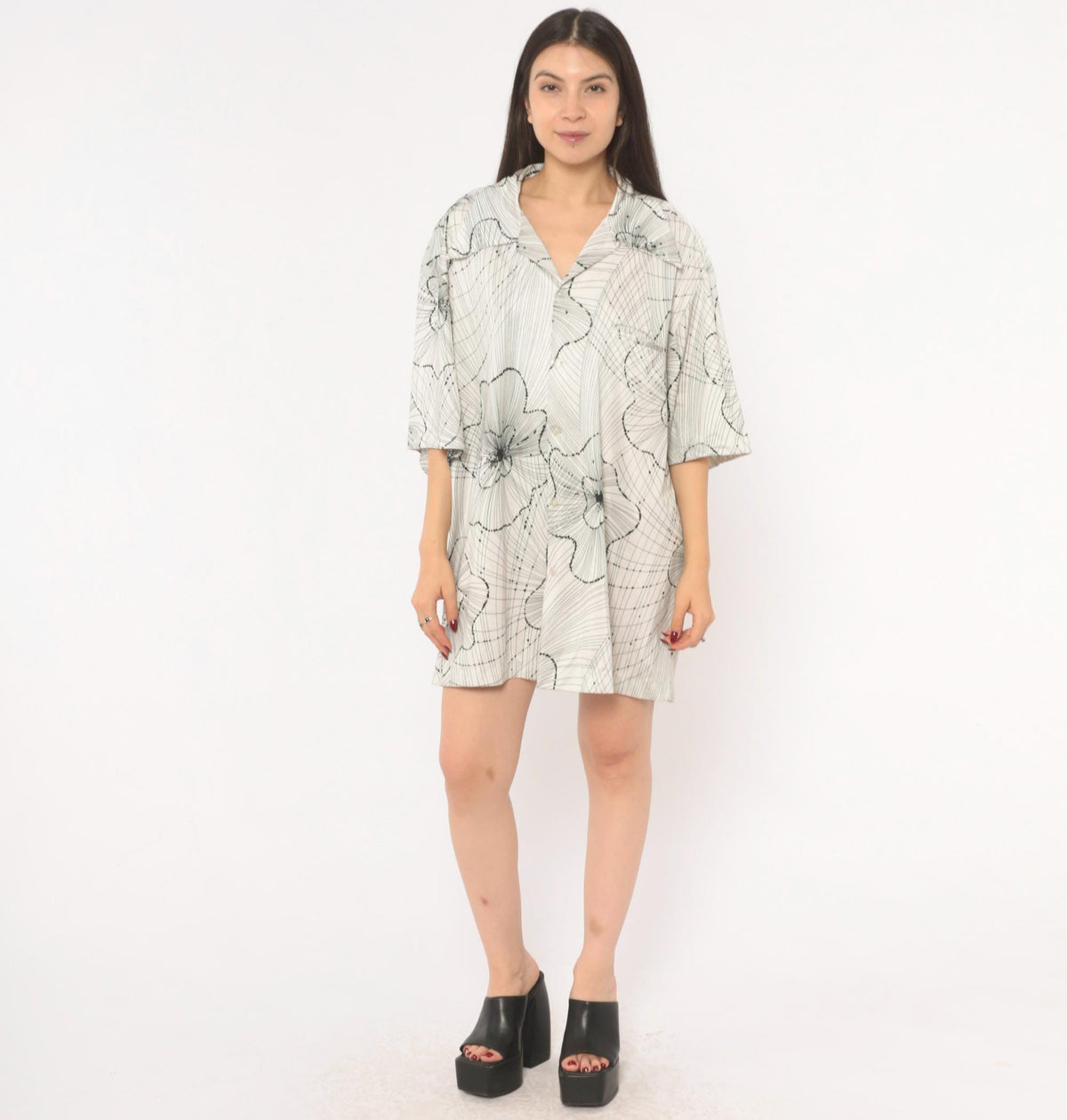 70s Kramers Honolulu Hawaiian Shirt Black Floral Line Art White Plus Size XXL