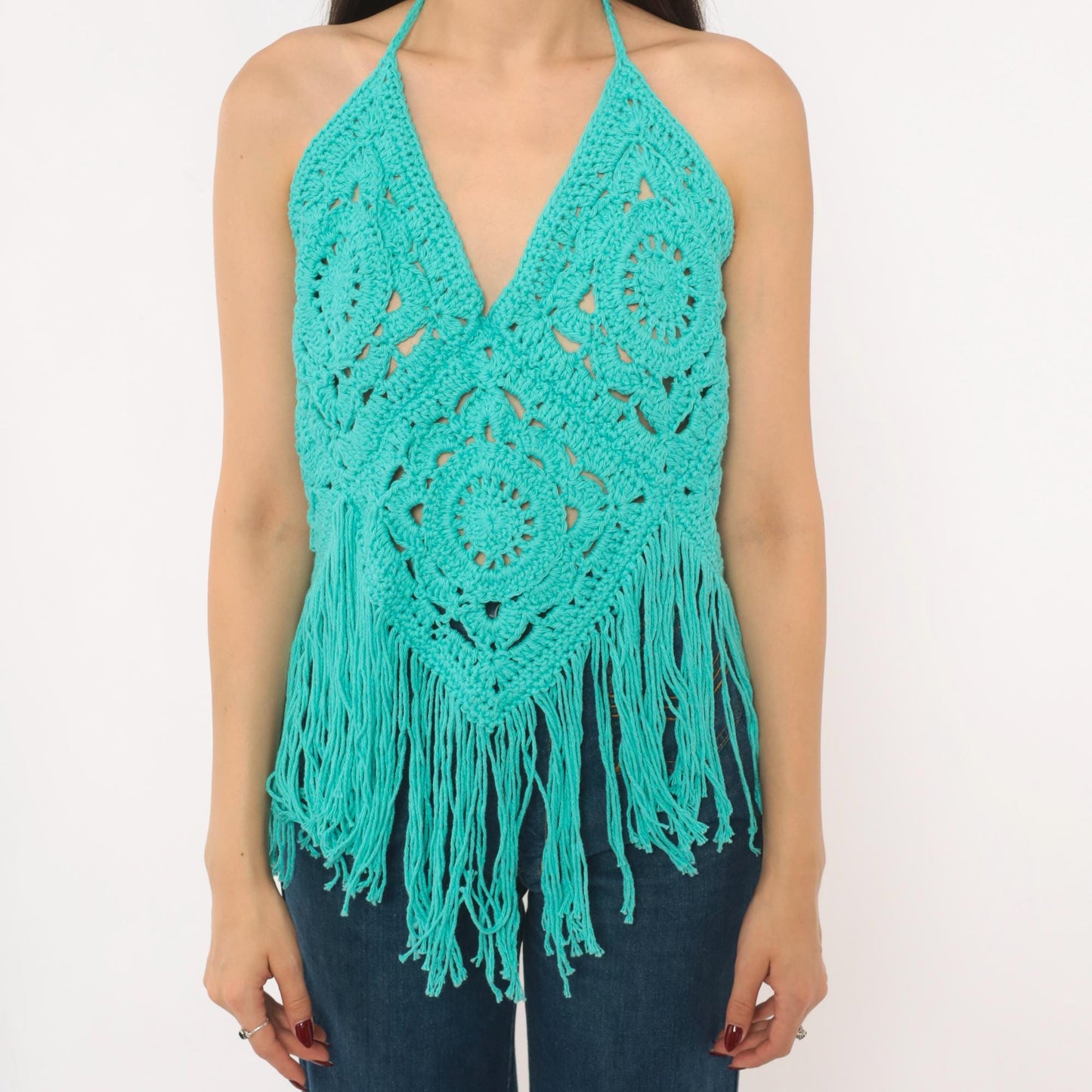 Y2K Teal Crochet Halter Top Granny Square Fringe Cotton Turquoise Small–Large