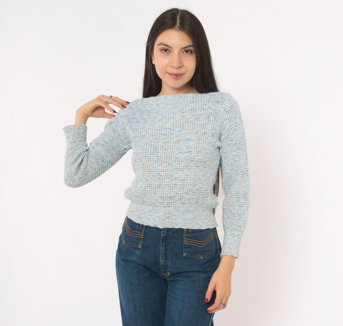 70s Powder Blue Speckled Knit Sweater Boat Neck Cropped Small
