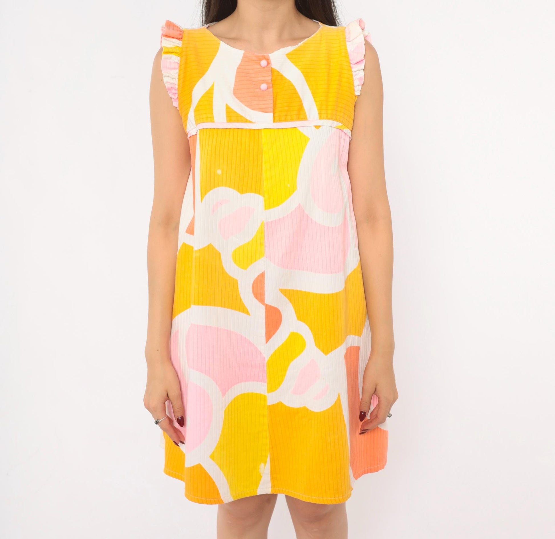 70s Andrade Hawaiian Swirl Mini Dress Yellow Pink Orange Ruffle Cap Sleeve Small