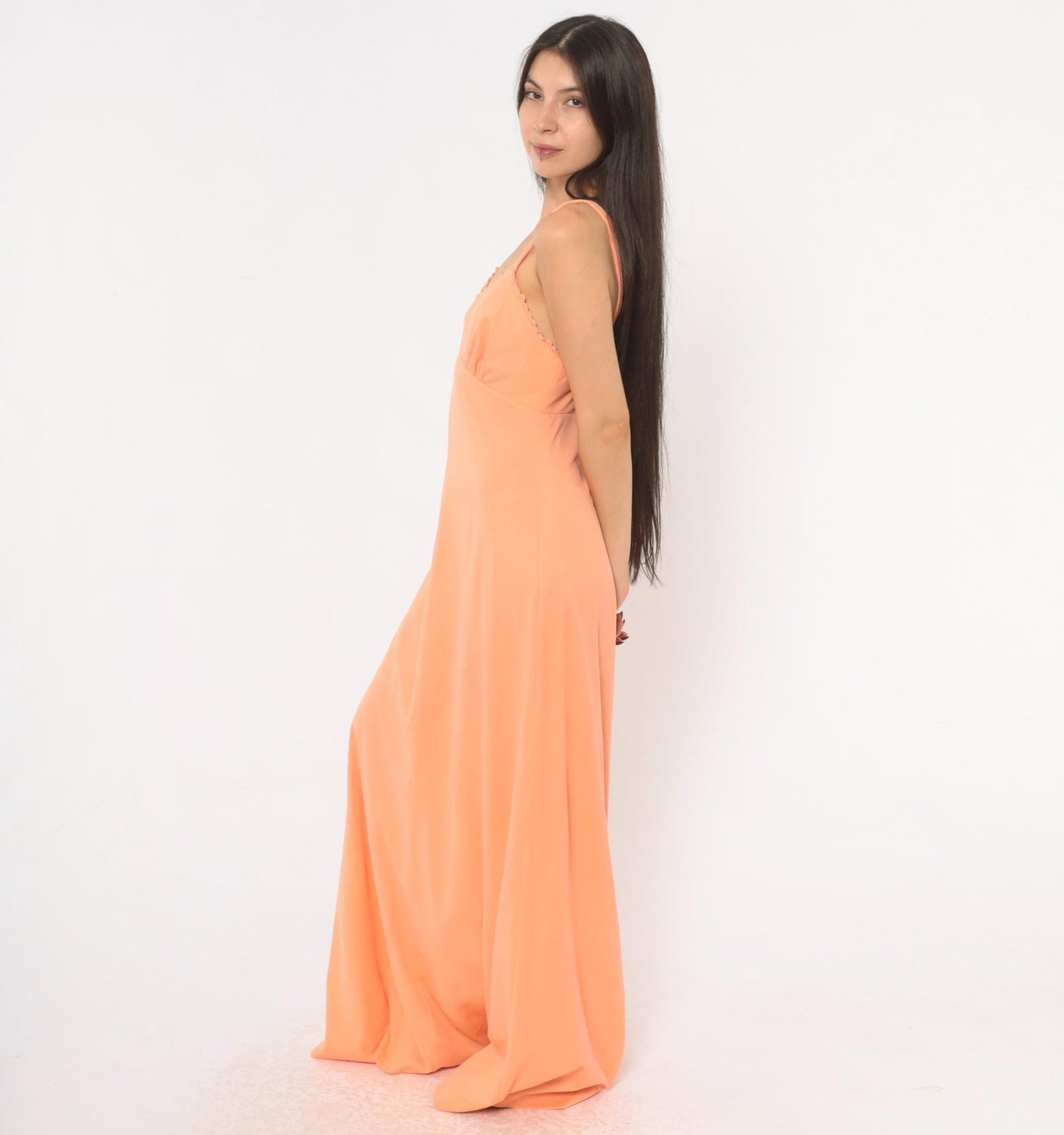 70s Peach Maxi Dress V-Neck Empire Waist Scalloped Lace Spaghetti Strap Medium M