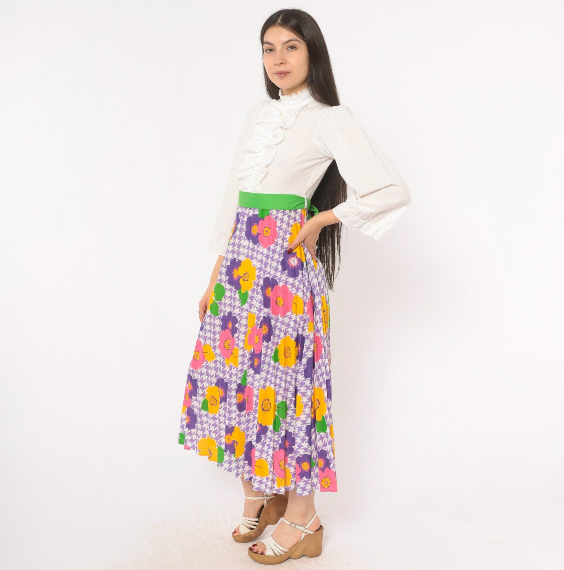 70s Growing Girl Floral Midi Dress Puff Sleeve High Neck White Purple Pink Extra Small XS