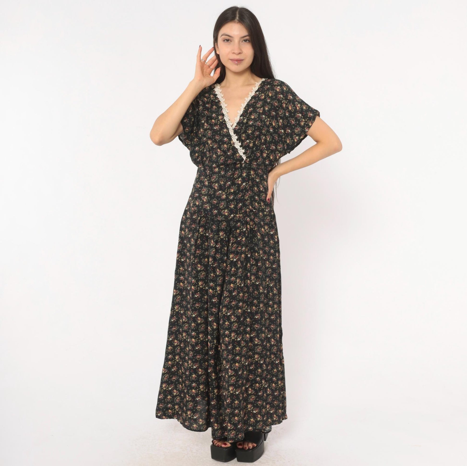 90s Ariana Black Floral Maxi Dress V-Neck Wrap Lace Trim Flutter Sleeve Large L