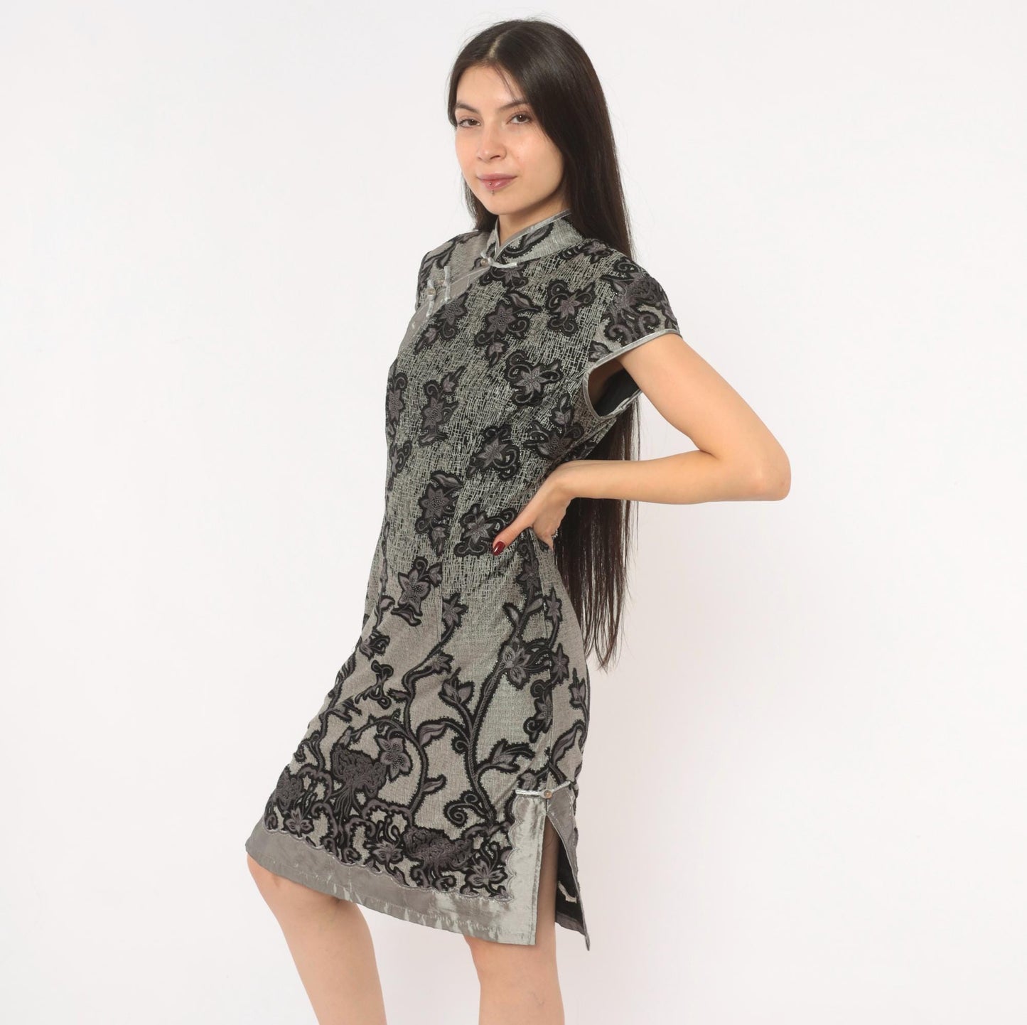 90s Grey Cheongsam Dress Black Floral Embroidered Qipao Mandarin Collar Medium M